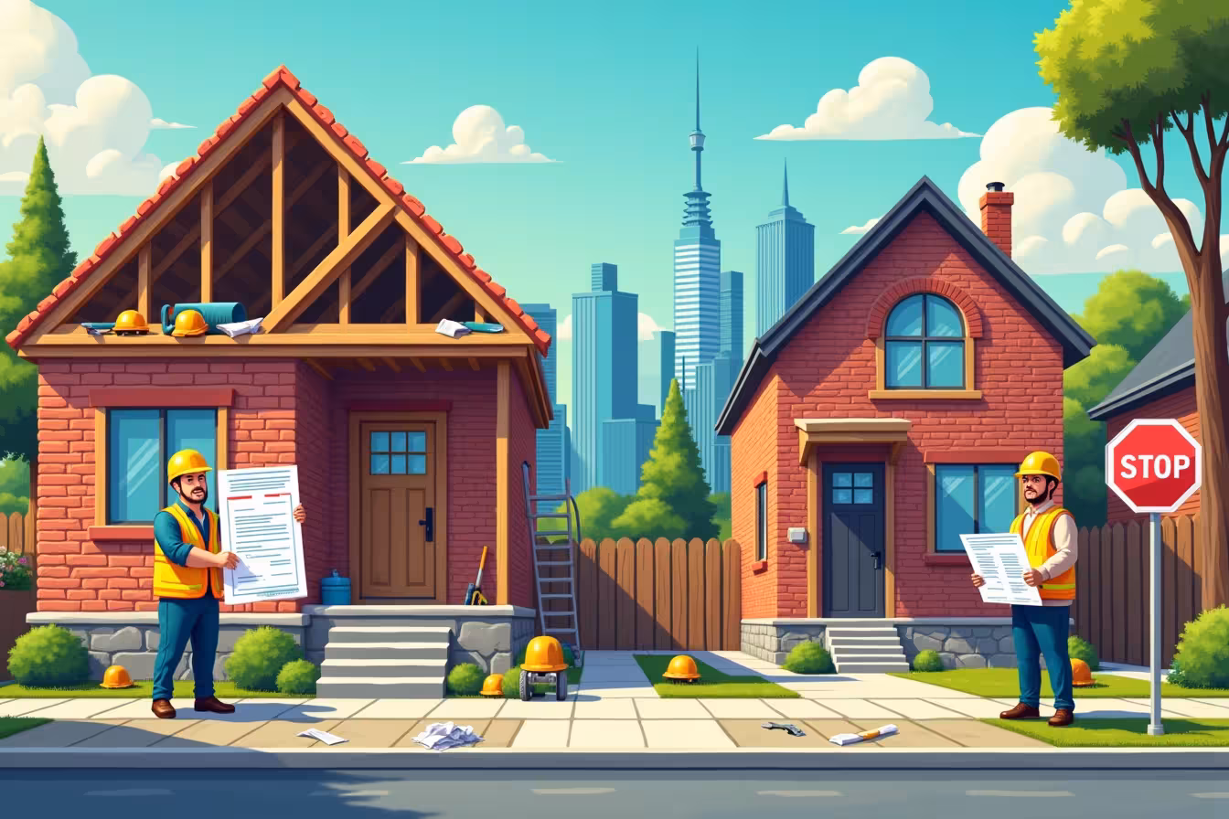 A chaotic and vibrant scene of a typical Toronto neighborhood under construction. In the foreground, there should be a half-renovated house with exposed wooden beams, brickwork, and a ladder leaning against the side. The house should appear to be in the middle of a significant renovation, possibly even an extension or addition. Scattered around the house, there should be various tools and equipment such as a saw, hammer, blueprints, and a hard hat, indicating ongoing work. On the left, a friendly construction worker, dressed in a safety vest and hard hat, should be holding an oversized, clearly visible renovation permit in his hand, showing it off proudly. On the right, show a contrasting scene. A worried and confused homeowner stands in front of a 'stop work' sign, placed by an authoritative figure (a city inspector), indicating that work has been halted due to the lack of a permit. The homeowner should be holding crumpled blueprints and looking bewildered and frustrated. In the background, show a beautiful Toronto city skyline to establish the location. Make sure the image is bright, colorful, and slightly exaggerated to catch the viewer's eye and convey the importance and implications of obtaining renovation permits in Toronto