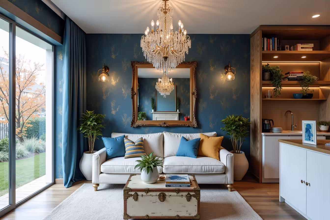 A medium-sized, bright and stylish Toronto home living room with a unique balance of luxury and budget-friendly elements. The walls are adorned with a rich, navy blue wallpaper with a subtle, metallic gold pattern, creating a sense of depth and luxury. A reclaimed wood shelf hung on the wall features a variety of potted plants and vintage books, displaying a rustic charm. On the same wall, a large, ornate mirror reflects the light from a statement crystal chandelier hanging in the center of the room, creating an illusion of a bigger and brighter space. A comfortable couch is in the center, with plush cushions in varying shades of blue and gold. The coffee table in front of it is an upcycled vintage trunk, painted in distressed white, adding an element of uniqueness. A tall, sleek open shelf to the right of the couch displays chic kitchenware and a variety of colorful, hardcover books. The room opens towards a kitchen area with shiny chrome cabinet handles and light fixtures. On the kitchen counter, a DIY artwork piece featuring abstract splashes of blue and gold paint is on display. The floor beneath is covered with luxury vinyl flooring that mimics the look of dark, rich hardwood. Through the open window, you can see the exterior of the home with a neatly manicured lawn, a pathway lined with blooming flowers and strategically placed outdoor lighting fixtures. The scene combines elements of high-end design with upcycled and budget-friendly features, creating a picture of accessible luxury