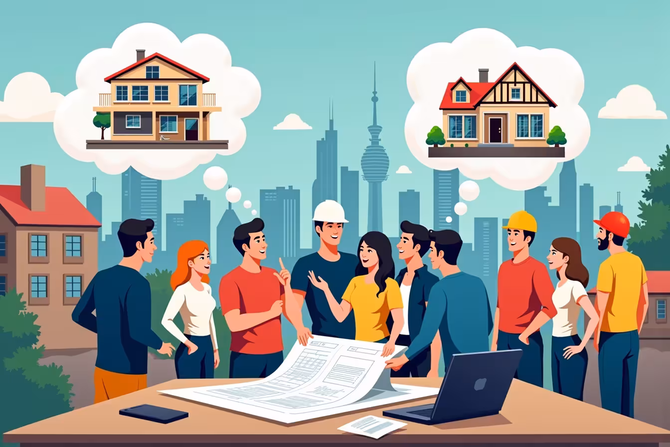 A lively, bustling construction site in the heart of Toronto. The scene is set in the middle of a home renovation process, with the iconic Toronto skyline in the background. Among the organized chaos, a diverse group of contractors and homeowners are gathered around a set of blueprints, all engaged in a lively discussion. Their expressions should denote seriousness but also mutual respect and understanding. One person, identifiable as the appointed point of contact, is pointing to the blueprint while others are attentively listening. In the foreground, a laptop is open showing an email thread, symbolizing regular updates and progress reports. On one side of the image, illustrate a thought bubble above a homeowner and contractor, revealing a transparent layer of the house, showcasing the electrical, plumbing and structural elements, representing decision making process and problem-solving. On the other side, A second thought bubble above another pair showcasing a completed, beautifully renovated home with a satisfied homeowner and contractor, symbolizing post-renovation follow-up and satisfaction. The overall color scheme should be vibrant and enticing, yet professional, to make it stand out. The image should capture the essence of effective communication, transparency, local understanding and the cooperative spirit necessary for successful home renovations in Toronto