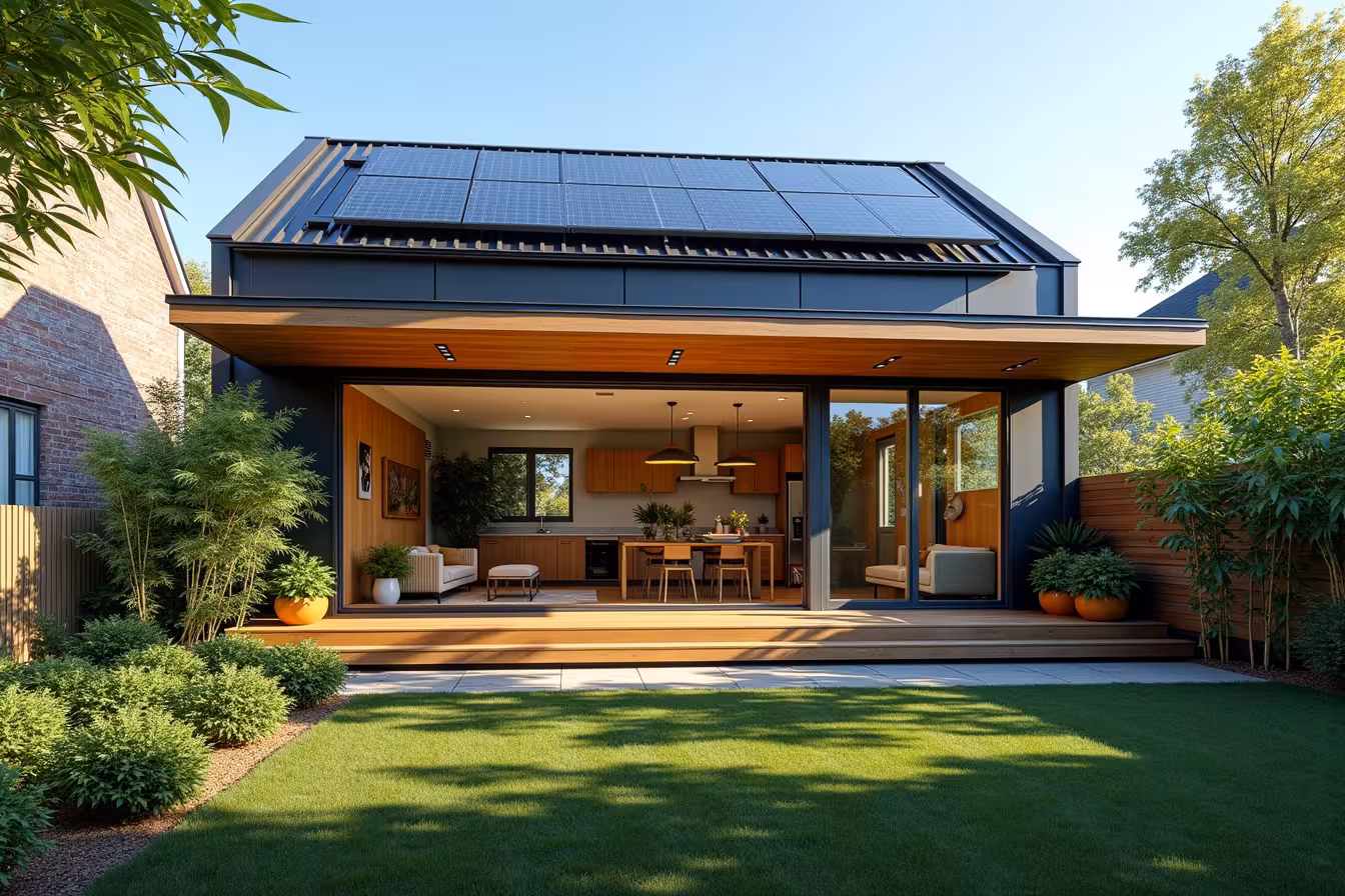 A modern, urban home in Toronto, with its exterior walls crafted from recycled steel and reclaimed wood. The house should have large, high-performance windows allowing ample natural light to pour into the rooms. On the roof, a set of sleek solar panels gleam under the sun, reflecting the clear blue sky. The foreground of the image should showcase a vibrant garden, watered using a visible rainwater harvesting system, which could be represented by a stylish rain barrel or an innovative rooftop collection system. Additionally, include a few bamboo plants in the garden to subtly represent the sustainable materials used in the house. Inside the house, through the transparent windows, depict energy-efficient appliances in the kitchen, a living room adorned with various indoor plants, and a clear view of low-flow water fixtures in the bathroom. In the corner of the living room, subtly incorporate a smart home hub, with visible indicators of its connections to the home's lighting, thermostat, and appliances. To give a sense of the house being lived in, include a homeowner interacting with the smart home hub, adjusting settings or perhaps checking energy usage stats. The overall tone of the image should be warm and inviting, with a balance of modern technology and natural elements, embodying the concept of an eco-friendly home in 2025