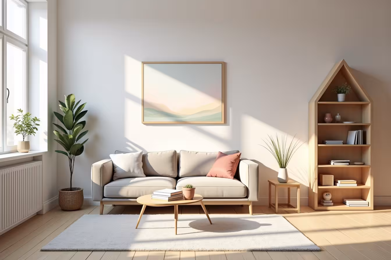 An inviting, open-concept room that perfectly embodies the principles of Scandinavian design. The room is bathed in soft, natural light pouring in from a large window that takes up most of the wall. The floor is made of light-colored, rustic wooden planks, and there's a plush white rug that adds a touch of coziness to the space. A sleek, minimalist sofa in a muted neutral tone sits against one wall, with a stack of books and a potted plant on a simple coffee table in front of it. A unique, geometrically shaped wooden bookshelf stands against another wall, showcasing a few carefully chosen books, a small indoor plant, and an abstract piece of art. Accent colors are introduced through pastel-colored cushions on the sofa, a tranquil landscape painting hanging above it, and a couple of small decorative items on the bookshelf. The room features sustainable elements, such as energy-efficient lighting, a recycled wood coffee table, and an eco-friendly, woven basket for storage. Despite its simplicity and minimalism, the room feels warm and inviting, showing off the beauty of Scandinavian design in a compelling way. This image embodies a break from the clutter and extravagance of other design styles, drawing the viewer in with its serenity and functionality
