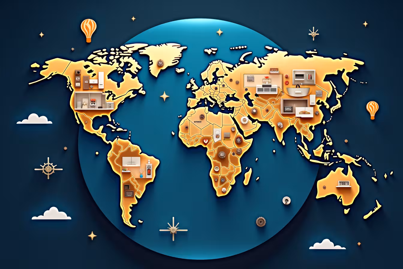A large, intricately designed globe that's made of various home interior design elements. Each continent on the globe should reflect different aspects of home design trends influenced by global events. 1. North America could be depicted with a stylish home office setup, representing the rise in remote work due to the COVID-19 pandemic. 2. South America could reflect the minimalistic and eco-friendly trend with a room composed of sustainable materials and neutral color tones. 3. Africa could embody the trend of security and comfort, showing a warm, cozy living room with a modern, smart home system in place. 4. Europe might display a mixture of classic and modern design elements, representing the influence of e-commerce and technology in home decor. 5. Asia could demonstrate the impact of health crises, with a sleek kitchen setup featuring stainless steel appliances and quartz countertops for easy cleaning. 6. Australia could be seen embracing the concept of sustainability, with solar panels on the roof of a house, a rainwater collection system, and an indoor garden. 7. Antarctica, although not traditionally inhabited, could be shown as a futuristic smart home, representing the forward-thinking aspect of home design. Surrounding the globe, there should be smaller icons representing other influencers on home design trends: an Olympic torch, a World Expo emblem, social media logos, and a vintage clock dial to symbolize nostalgia. The background should be a starry night sky, symbolizing the global reach of these events and trends