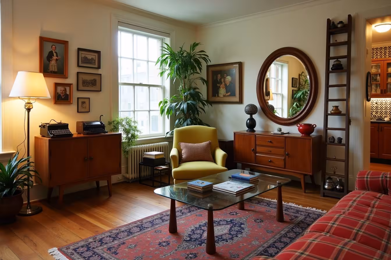 A warm and inviting modern living room with a blend of vintage and contemporary elements. In the center, a Victorian armchair reupholstered in retro avocado green fabric sits beside a sleek, contemporary glass coffee table with a vintage typewriter on top. An art deco sideboard stands against one wall, and on it rests a retro radio and a mid-century modern lamp casting a soft, inviting glow. Above the sideboard, a gallery wall showcases a mix of vintage art and old family photos encased in elegant wooden frames. On the floor, a colorful, intricate Persian rug adds a touch of the past, while a large, Victorian-era mirror on the opposite wall reflects the room, giving a sense of depth and elegance. Near the corner, a quirky bookshelf made from a repurposed vintage ladder is filled with books and vintage accessories. A glimpse of the adjacent kitchen reveals a black-and-white checkerboard patterned tile backsplash, adding to the overall retro charm of the space. The entire scene embodies the successful incorporation of vintage elements into a modern home, creating a unique, enticing aesthetic that encapsulates the essence of the blog post