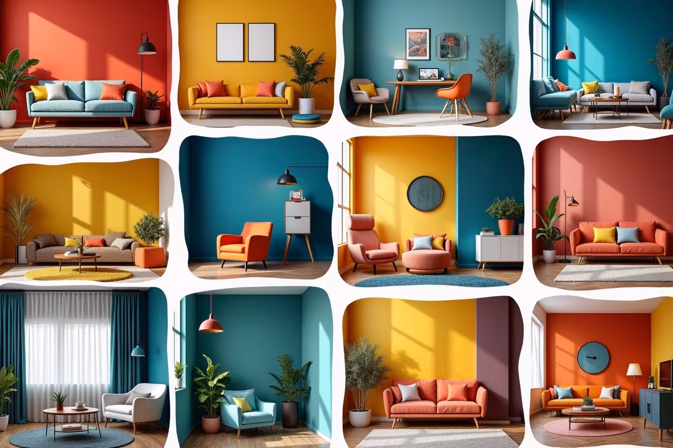 An eye-catching, vibrant collage of various room interiors. Each section showcases a different use of bold colors, reflecting the points mentioned in the blog post. The first section shows a contemporary living room with an accent wall painted in a fiery red, symbolizing individuality. Next to it, a digital tablet rests on a coffee table, its screen displaying Pinterest and Instagram platforms with design inspirations filled with daring color choices. Adjacent to this, a calming home office painted in a deep, tranquil blue illustrates the psychological impact of these colors. The next section stages a rebellious scene - a minimalist white room with a shockingly bright, neon green chair in the center. The following section showcases an eco-friendly kitchen with cabinets painted in bold, natural, and sustainable colors. Moving on, a commercial space like a trendy restaurant or retail store stands out with its bold color scheme creating memorable customer experiences. Next, a living room with a versatile use of bold colors, where they are used in patterns, accent pieces, and as the main color scheme, comes into view. Adjacent to this, a room adorned with decor and elements in bold colors, each signifying different cultural symbols and heritage, represents cultural significance. Towards the end, a futuristic room design with bold colors in innovative combinations and techniques gives a glimpse of the future trends. Lastly, the collage ends with a room featuring a breakthrough design with bold colors as a centerpiece to signify the innovation in design. The collage should have a dynamic, pattern breaking layout with each section interlocking with the next in an exciting, puzzle-like manner, ensuring an enticing, high visual impact that promises to draw readers in