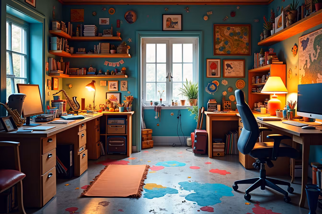 A whimsically chaotic yet purposeful room, filled with various hobby elements in an eclectic fashion. On one side, there's a vibrant painting station equipped with a rainbow array of paints and brushes; an untidy splash of colors adorns the easy-to-clean floor nearby. Adjacent to this is a serene corner with a yoga mat, bathed in the gentle glow of natural light filtering from a large window. The opposite wall houses a state-of-the-art soundproofed music area, featuring a shiny saxophone on a stand, surrounded by acoustic panels. In the center, there's a sizable, cluttered workbench, boasting a myriad of different tools, from sewing machines to miniature models. Above this, custom shelves hold a variety of materials and completed projects, showcasing the room user's personal style and achievements. On another side, an ergonomic desk with a gaming setup, including multiple screens and gaming consoles, basks in the glow of adjustable task lamps. Lastly, a cozy reading nook waits patiently in the corner, adorned with a plush chair, a stack of books, and a warm, inviting lamp. The walls are decorated with unique theme-based decorations, inspiring creativity and adding a personal touch to the room. This entire scene is seen from an inviting open doorway, enticing the viewer to step in and explore their hobby interests. The room should be a visual feast of colors and textures, reflecting the excitement and variety of pursuing different hobbies, the strange and enticing charm of a space dedicated to creativity and enjoyment