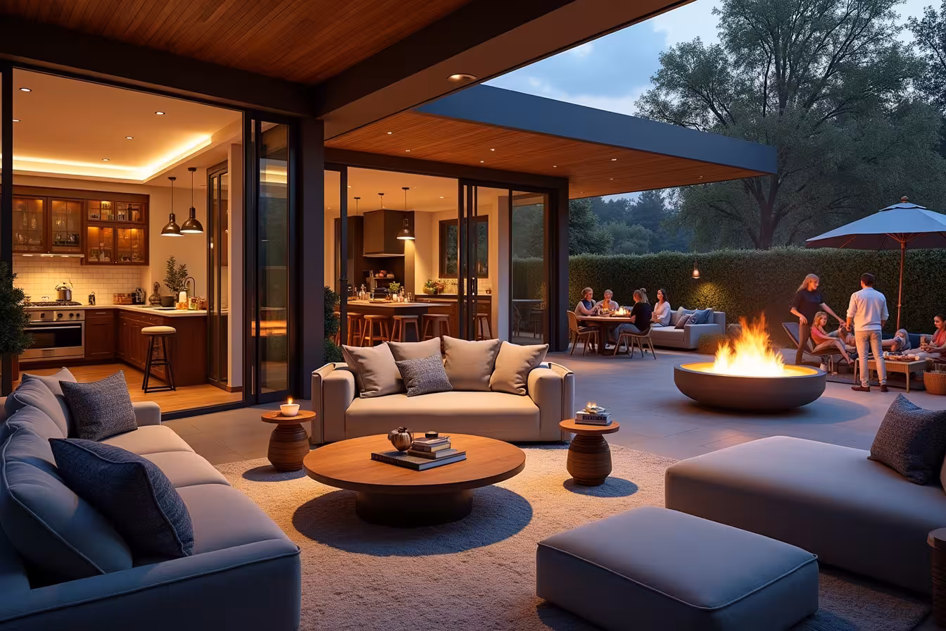 A beautifully designed, open-concept living room with an eclectic mix of comfortable furniture. The room should have a variety of seating options like a plush couch, trendy stools, and cozy floor cushions. The layout promotes effortless movement and interaction, with a clear path leading to a well-equipped kitchen featuring a food and drink station. The room's lighting is warm and adjustable, with a mix of overhead lights, floor lamps, and flickering candles. The decor is unique and personal, with family photos, unique artwork, and travel souvenirs scattered around. There are visible storage solutions for coats and bags, adding to the room's functionality. In one corner of the room, there's an advanced sound system with speakers subtly integrated into the decor. The space extends to an inviting outdoor area, complete with comfortable seating, a barbeque grill, and a fire pit glowing under the twilight sky. The scene is lively and welcoming, filled with guests enjoying the space and music, some lounging indoors, others chatting outdoors near the fire pit. The image radiates an atmosphere of casual elegance, epitomizing the perfect space for entertaining at home