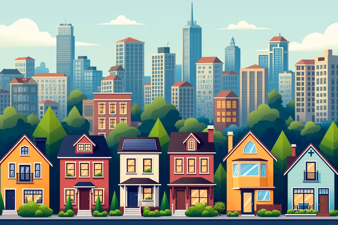 A bustling, vibrant cityscape of Toronto as the backdrop, with a selection of homes representing various architectural styles from different eras interspersed in the foreground. On the left, there's a beautifully restored historic house with its original architectural details, next to it is an urban home with large windows and lush indoor plants visible from the outside. Further in, there's an industrial loft with exposed brick walls, a modernized Victorian home with a perfect blend of old and new design elements, and a house with solar panels on the roof symbolizing a sustainable home renovation. Nearby, there's a bungalow with a newly added second story, a compact condo with large, space-saving furniture visible through the windows, a home with a sleek modern kitchen visible through a large glass window, and finally a house with steam wafting from an open bathroom window, hinting at a luxurious spa-like interior. Each house should be distinct and eye-catching, but together they form a diverse and dynamic landscape of home renovations across Toronto