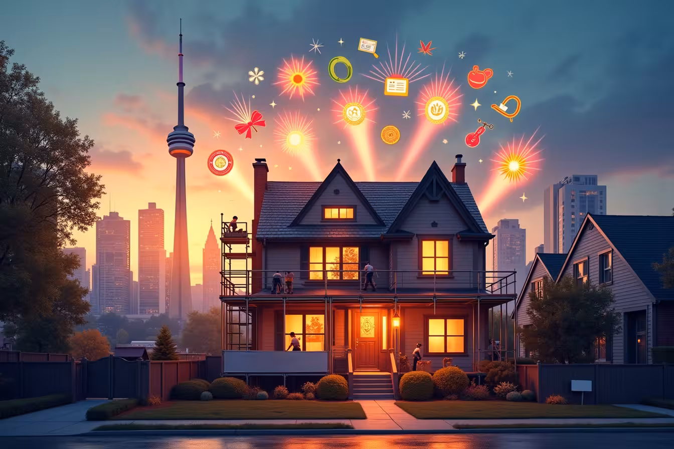 A lively cityscape of Toronto at dusk; the CN Tower stands tall in the background, bathed in the warm hues of the setting sun. In the foreground, a warm, inviting, traditional Toronto home is under renovation. Scaffolding wraps around the house, and workers are diligently at work, showcasing the ongoing renovation process. A large banner that reads Home Renovation in Progress hangs on the scaffolding. Bursts of light are emerging from the home, symbolizing different financing options. One beam of light transforms into a hefty government grant certificate, marked with the Canadian Maple leaf. Another morphs into a shiny gold coin labeled Home Equity. A third beam of light changes into a sparkling credit card and a document indicating a personal loan. A fourth ray of light turns into a piggy bank, indicating savings, while another transforms into a tool symbolizing a budgeting app on a smartphone. An additional beam of light becomes a professional contractor's hard hat. One other beam of light radiates from the house and transforms into a shield, symbolizing insurance protection. An additional ray of light morphs into a green leaf, signifying sustainable renovations. The final beam of light transforms into a magnifying glass hovering over a property appraisal document. This vibrant, engaging, and slightly surreal image encapsulates the various themes of your blog post, immediately drawing the viewer's attention and inciting curiosity about financing home renovation projects in Toronto
