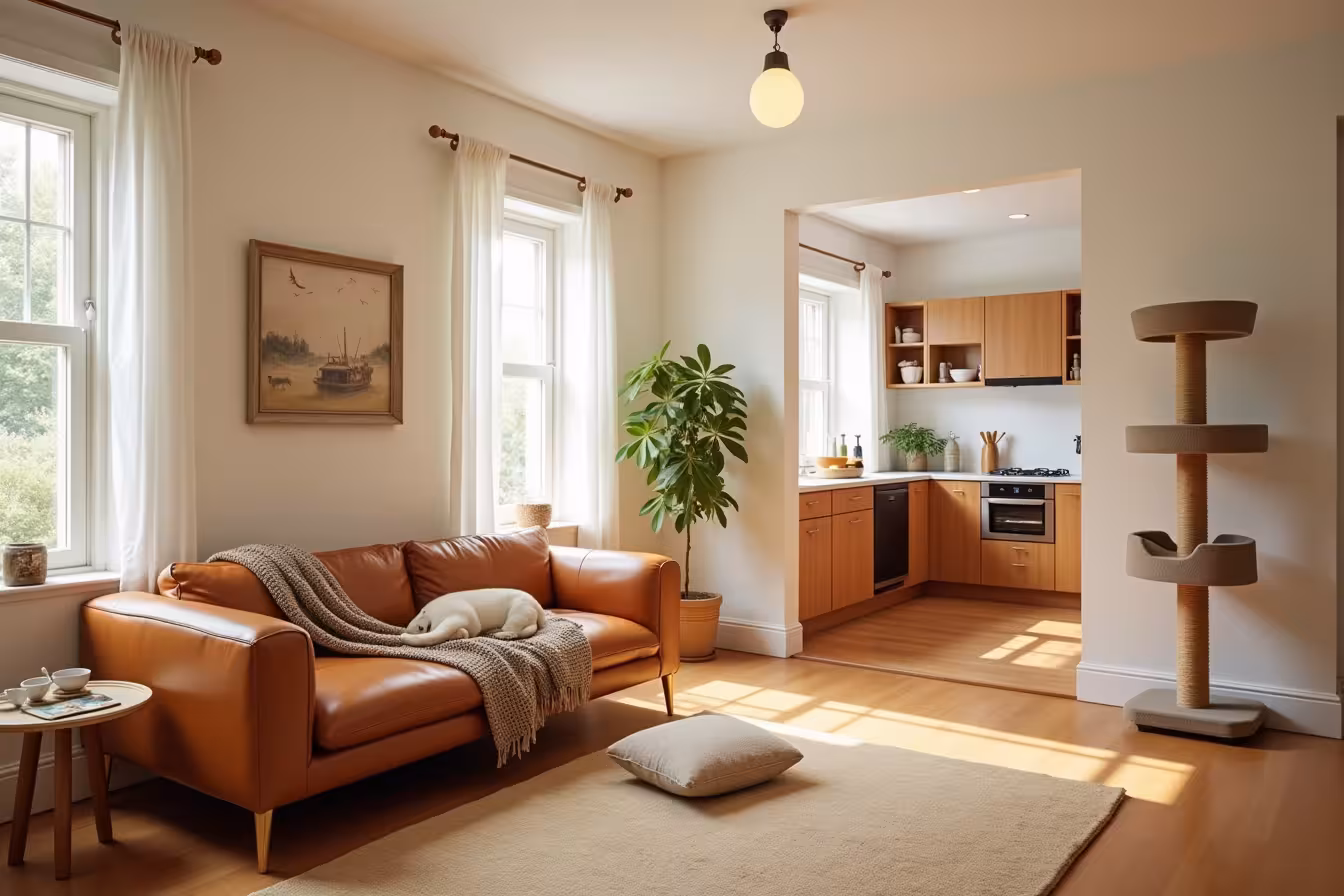 A whimsically surreal living room, filled with a harmonious blend of human and pet-friendly elements. The room has a warm and inviting color scheme, with walls painted in soft white, using pet-friendly, low-VOC paint. The flooring is made of durable, scratch-resistant hardwood, gleaming under the soft ambient light. There is a unique leather couch at the center, with a built-in pet bed seamlessly incorporated into one end, a tightly woven throw blanket tossed casually over its back. Close by, a stylish, multi-tiered cat tree stands, replacing a traditional side table, with a cat lazily stretched out on one of its platforms. In one corner, a pet-friendly room is visible, with a special pet door installed for unrestricted yet safe access to the outdoors. The room is furnished with a cat climbing post and a scratching pad, designed to blend with the home decor. The kitchen area can be seen in the background, featuring a built-in feeding station as part of the modern kitchen island. The countertops are made of easy-to-clean, stain-resistant material, with a pet-safe plant adding a touch of greenery. An organized storage unit is visible, filled with pet supplies like food, toys, and grooming tools. The entire scene is designed to break the pattern of a traditional home, instead presenting an exciting, strange yet enticing image of a truly pet-friendly home