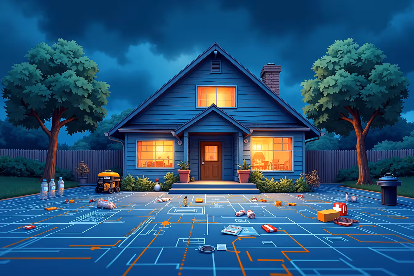 An engaging and visually striking image of a house bracing itself against a backdrop of extreme weather conditions. The house should be well-structured, with a sturdy roof, sealed doors and windows, and clear gutters. A couple of trimmed trees should flank the house, their branches devoid of any overhanging limbs that could pose a threat. Outdoor items such as a grill, garden furniture, and potted plants should be neatly secured or tucked away. Capturing the concept of preparedness, depict a small, safe-looking generator at the side of the house with a faint glow, indicating it's ready to supply power if necessary. Off to another side, show a well-organized emergency kit, containing bottles of water, canned food, a flashlight, batteries, a first aid box, and some medicine bottles, symbolizing readiness for emergency situations. In the foreground, subtly incorporate a home inspection checklist and an insurance policy, hinting at the importance of regular inspections and appropriate insurance coverage. Lastly, to inject an element of pattern-breaking, transform this scene into a dynamic blueprint or schematic design, with vibrant lines and structures, marked with measurements, symbols, and comments, making it look like an architect's construction plan. This will give a unique, unexpected perspective to the familiar concept of home safety preparations, enticing the viewer's curiosity and encouraging them to delve into the blog post