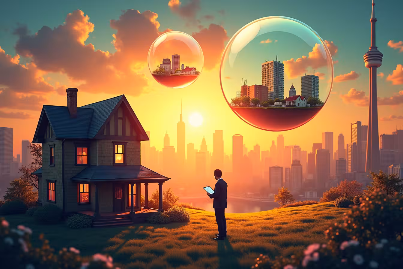 A whimsical, vibrant cityscape of Toronto, with its iconic skyline featuring landmarks like the CN Tower and the Royal Ontario Museum. The city is bathed in the warm glow of a setting sun, casting long, dramatic shadows. In the foreground, there is a charming Victorian house, half restored and half in its original state, symbolizing the renovation process. A professional appraiser, outfitted in a suit, with a clipboard in hand, is inspecting the house, capturing the essence of the home appraisal process. A few other houses in the neighborhood are subtly depicted, hinting at the comparison aspect of the appraisal. In the sky above, emanating from the setting sun, there are two translucent, ethereal scales, representing the two common appraisal methods in Toronto: the sales comparison approach and the cost approach. The sales comparison scale holds miniature versions of similar houses, while the cost approach scale holds construction materials and dollar bills, indicating the replacement cost. In one corner of the image, subtly incorporated, is a detailed, glowing appraisal report floating, symbolizing the importance of understanding the report. And finally, hovering over the entire scene is a large, transparent magnifying glass, signifying the thorough scrutiny in the appraisal process and the focus on detail and accuracy. This strange, enticing, and engaging scene perfectly encapsulates the home appraisal process during renovations in Toronto