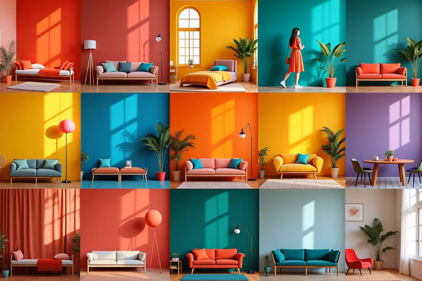 A visually striking image that encapsulates the concept of color psychology in home decor. The image should be a collage of nine square panels placed together in a 3x3 grid, each representing a different home decor concept mentioned in the blog post. 1. The first panel should be a room painted in warm colors like red, orange, and yellow, showing a lively and energetic ambiance. 2. The second panel should depict a cool-colored room in shades of green, blue, and purple, radiating a sense of calm and relaxation. 3. The third panel should display a small, cozy room painted in dark colors, contrasting with a spacious room painted in light shades in the fourth panel. 4. In the fifth panel, show a person standing in a room, their outfit matching the vibrant colors of the room, symbolizing the connection between color and personality. 5. The sixth panel should depict a room decorated with red elements, with Chinese symbols subtly included, representing the cultural significance of colors. 6. The seventh panel should feature a room decorated following the latest Pantone's Color of the Year. 7. The eighth panel should show a room with a balanced color scheme, utilizing the 60-30-10 rule. 8. The ninth panel should be a room bathed in natural light, affecting the appearance of its color. 9. Finally, the central panel (fifth) should feature a room decorated in neutral colors, with a pop of color standing out, illustrating the power of neutral colors. Each panel should seamlessly blend into the next, creating a cohesive, intriguing image that captures the viewer's interest. The overall image should be vibrant, enticing, and a bit unusual, playing into the concept of a pattern-break in marketing