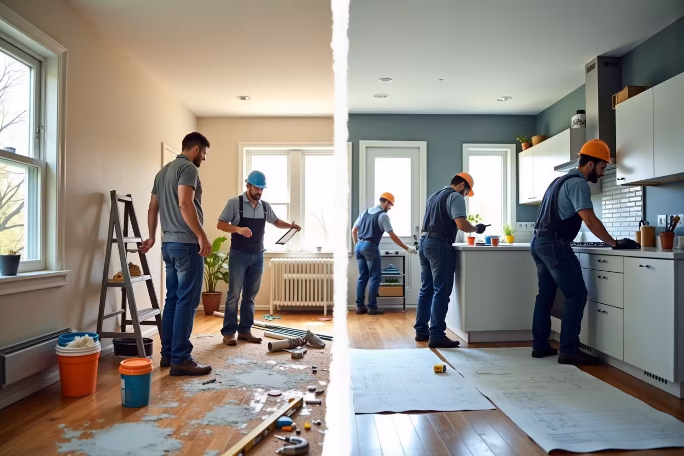 A split view of a typical Toronto home's interior, divided straight down the middle. On the left side, display a DIY renovation in progress. Show a homeowner, sweat on their brow, sleeves rolled up, surrounded by scattered tools, paint cans, and renovation guides. They're holding a paintbrush, painting a wall with a slightly uneven coat, and there's a ladder nearby. The room appears slightly chaotic, illustrating the stress and learning curve associated with DIY renovations. On the right side, depict a professional renovation team at work. Show a group of uniformed workers with hard hats, efficiently working together. One is expertly installing a sleek, modern kitchen cabinet, another is using high-tech tools for precise measurements, and the third is consulting blueprints that are spread out on a table. This side of the room looks neat, orderly, and under control, representing the expertise and ease of professional renovations. In the middle, where the two halves meet, depict a thick white line, with a paintbrush on the DIY side and a professional builder's level on the professional side, symbolizing the balance and decisions homeowners need to make between DIY and professional renovations. The overall image should exude excitement, contrast, and a dash of chaos to catch the viewer's attention