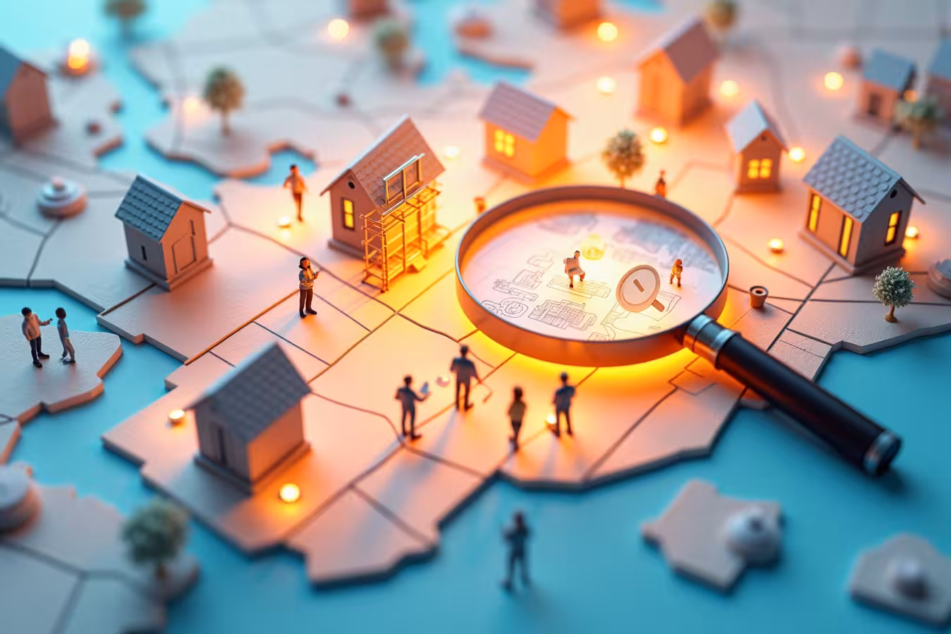 An overhead view of a brightly lit 3D map of Toronto, with a few residential areas highlighted. The highlighted houses are mid-renovation, with visible construction elements like scaffolding, paint cans, construction workers, and a variety of renovation tools. Scattered around the map are small, floating, semi-transparent icons: a blueprint, a clock showing construction hours, a palette indicating color schemes, a green leaf symbolizing Toronto's green standards, and a permit. Among the houses, there are miniature characters interacting - a homeowner presenting a blueprint to a HOA representative, another homeowner discussing with a neighbour, and another one cleaning the common area. Above everything, a large magnifying glass focuses on one of the houses, indicating a detailed examination or a post-renovation review. The magnifying glass also reveals a small dialogue bubble with a checkmark inside, symbolizing approval. The whole scene is enveloped in a surreal, dreamlike glow, making the image exciting, unusual, yet directly related to the topic of navigating Homeowners Association rules during renovation in Toronto