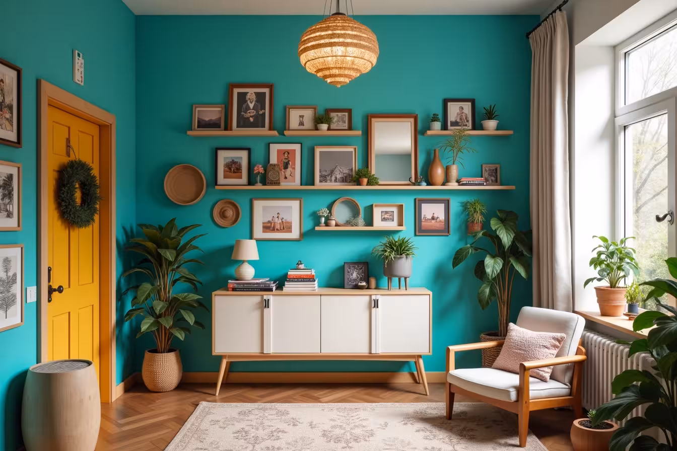 An image of a quirky, modern living room with a vibrant, freshly painted accent wall in a bold shade of turquoise. The wall features a diverse gallery of framed photos, artwork, mirrors, and wall hangings, each piece uniquely different yet somehow synchronized in a harmonious display. The room should also have a statement chandelier hanging from the ceiling, emitting a soft, welcoming glow over the space. Against one side, an array of floating shelves in various shapes and sizes, filled with a collection of books, potted plants, and small pieces of art, are installed. A side view of a revamped front door in a bright shade of yellow with a polished brass doorknob and a festive wreath hanging, visible through a large window dressed in stylish, contemporary curtains. Small details such as updated hardware on a sleek, modern sideboard and a cozy corner dedicated to a lush, indoor garden consisting of both large and small plants, add to the charm. The room should look fresh, decluttered, and inviting, reflecting the spirit of a home that has been lovingly updated