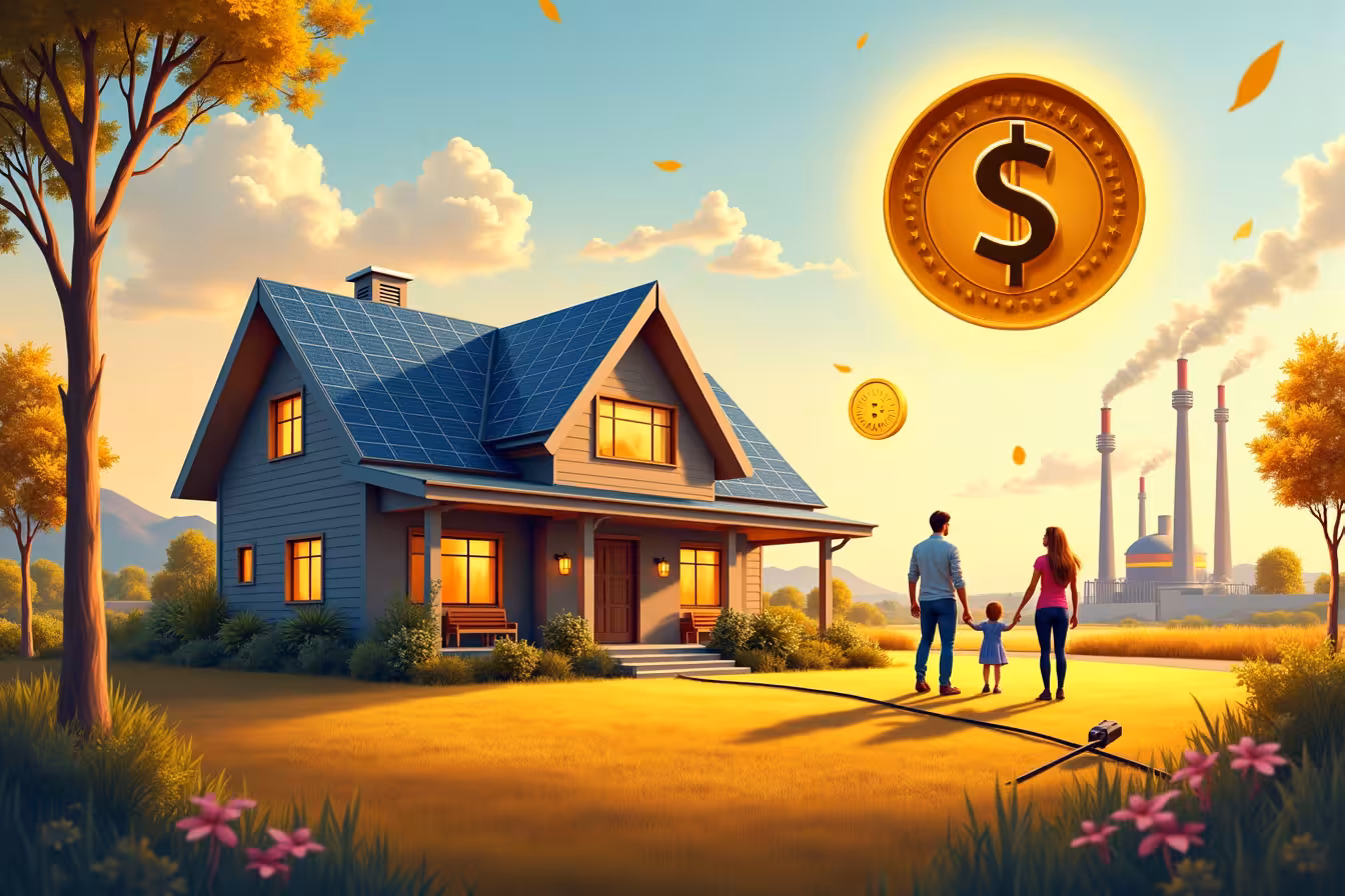 A dynamic, semi-abstract picture that embodies the essence of solar energy and its benefits. The main focus of the picture should be a contemporary home bathed in warm, radiant sunlight. The house should have sleek, state-of-the-art solar panels installed on its roof, subtly gleaming as they absorb the sun's energy. The house should be surrounded by lush, vibrant greenery, symbolizing the environmental benefits of solar energy. To the right of the house, depict an oversized, stylized electricity bill. The bill should be visibly slashed down the middle, with the total cost showing a dramatically reduced number, representing the economic benefits of solar energy. Above the house, paint a sun-drenched sky, but with a twist: the sun should be made of a gold coin, signifying the financial gains from harnessing solar power. In the background, A contrasting scene: a smoky, grey, industrial landscape with fossil fuel power plants. This will serve to highlight the stark difference between traditional and solar energy sources. To make the image more enticing and unusual, have a large-scale plug and cord coming out from the house, but rather than being connected to a power source, it's unplugged and lying on the ground, symbolizing energy independence. Finally, to capture the social responsibility aspect, depict the house's residents - a smiling family - standing outside their home, holding a banner that reads, Join the Solar Revolution! in bold, inviting letters. This image will be a vibrant, engaging, and thought-provoking representation of solar panel benefits, bound to pique the interest of anyone who comes across the blog post