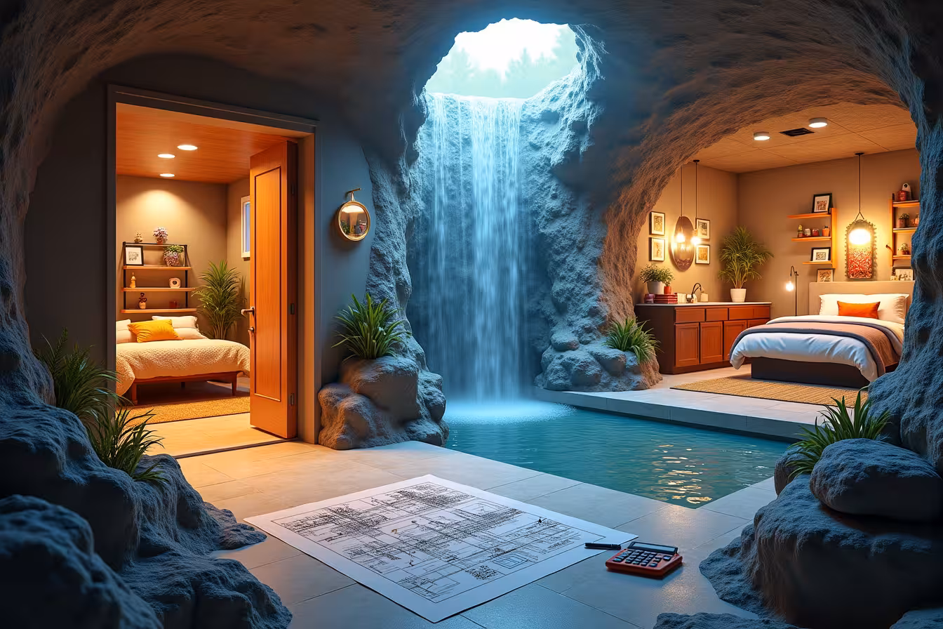 An intriguing surreal landscape where the underground and the indoor living spaces merge. The basement door opens into a vibrant, well-lit underground world. A multi-functional basement space is filled with different zones, each representing a distinct use case: a playful area with colorful toys and soft furnishings, a cozy home theater with plush seating and a large screen, a neat guest suite with a comfy bed and a small kitchenette, and a functional storage area with built-in shelves filled with neatly organized items. Further, the walls are made of moisture-resistant drywall and the floors are covered in stylish vinyl. The lighting is a mix of natural light seeping from small basement windows and warm artificial light from tasteful pendant lights. In one corner, a group of professionals is seen working on the electrical and plumbing systems, a nod towards the importance of hiring experts. The basement is comfortably warm, hinting at efficient insulation. In the foreground, there's a blueprint of the basement and a calculator, symbolizing the planning and budgeting process. Nearby, there's a sump pump and a sealant tube, representing the waterproofing process. Finally, to add a touch of strangeness and excitement, A translucent curtain of water flowing down one side of the image, as if the basement is under a serene waterfall, a metaphor for the transformation a basement undergoes during remodeling