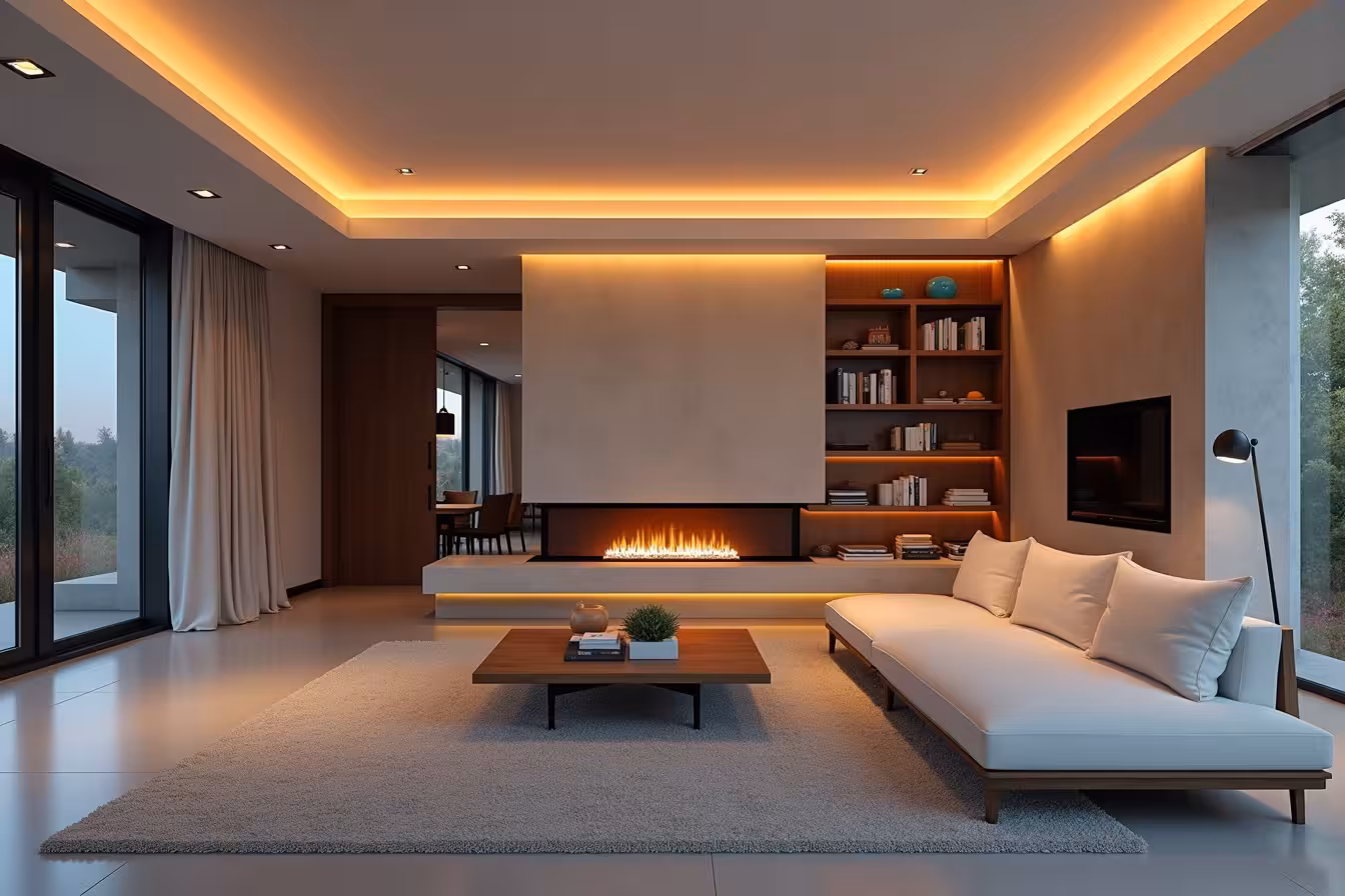 A spacious, modern living room bathed in a warm, inviting light. At the center, a sleek, linear fireplace is installed at eye level, its long and rectangular shape instantly drawing the eye. The flames inside dance in hues of blue and orange, reflecting off the polished metal interior. To the left, a two-sided fireplace serves as an elegant room divider, its flames visible from both the living room and an adjoining space, hinting at an open-concept design. On the right, an electric fireplace cast a radiant glow, the flame brightness and temperature adjustable at the touch of a button. Nearby, an ethanol fireplace sits, portable and ventless, with a clean flame shimmering above the biofuel. Finally, in the background, another living room wall is adorned with a fireplace surrounded by a minimalist concrete frame, its surface smoothly textured and cool to the touch. Above it, built-in storage compartments house a tasteful collection of books and decorative items, perfectly blending functionality with aesthetic appeal. This beautifully crafted image should encapsulate the essence of modern fireplace designs while also sparking the curiosity of the viewer, prompting them to delve into the content of your blog post