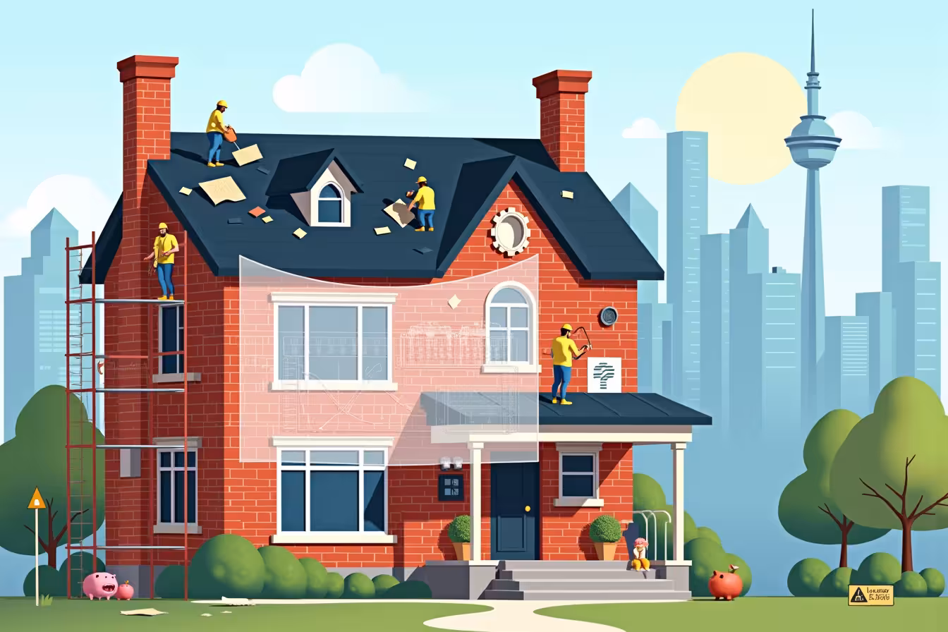 An old, two-story brick house typical of Toronto's residential areas, showing signs of age and wear. The house is situated in the foreground, with the iconic Toronto skyline, including the CN tower, visible in the background. Now, A large, transparent blueprint overlay spanning across the image, detailing the planned renovations. Illustrate the blueprint with various renovation symbols like hammers, paintbrushes, and saws, and incorporate elements of a timeline and budget graph integrated into it. On the house, portray some components under construction, with scaffolding on one side where workers are actively involved in renovation work. They are seen installing a new window, fixing the roof, and painting the exterior. Show some dust and noise symbols around the construction area to depict the chaos of renovation. In one corner of the image, show a mini scene of a surprised homeowner, discovering hidden water damage during the renovation process. Nearby, include symbols of a contingency plan and budget, such as a document with a '?' and a piggy bank. Towards the bottom, integrate a COVID-19 safety sign to represent the pandemic's impact on home renovations. Finally, to signify the return on investment, show the house‚Äö√Ñ√¥s value escalating on a rising graph, with the renovated areas of the house shining brighter than the rest