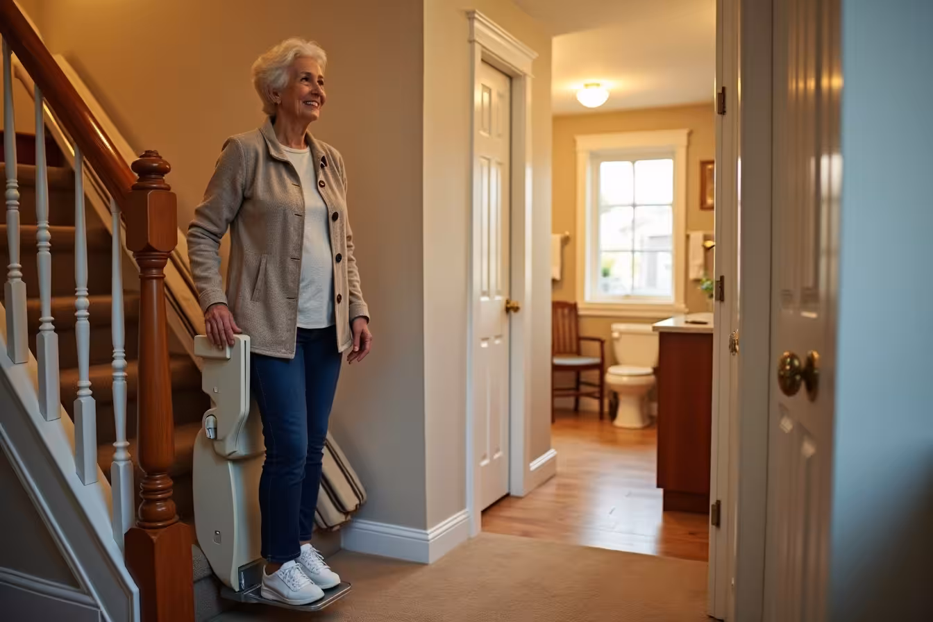 An image of an elderly woman, full of life and vitality, comfortably using various accessible home modifications. The woman stands in a warmly lit, modern, and tastefully decorated home, with clear focus on key elements that signify accessibility and safety. To her left, she is operating a sleek stairlift that is carefully installed on a wooden staircase, symbolizing mobility aids. In the background, a subtly illuminated path leads to a bathroom, signifying improved lighting. The bathroom door is wide, enough for a wheelchair to pass through, indicating modified doorways. A partial view of the bathroom reveals an elegant walk-in tub with a built-in bench, and distinct, aesthetically-pleasing grab bars near the toilet and shower. In the foreground, a section of the kitchen is visible, showcasing lowered counters, raised cabinets, and lever-style doorknobs. The flooring throughout the home is carpeted for safety. The scene radiates a sense of comfort and security, enticing viewers to learn how they can achieve the same for their homes