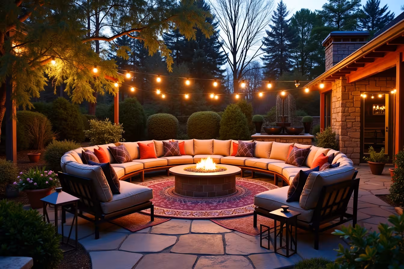 An unusual and inviting outdoor living space at twilight. The focus is a circular arrangement of durable teak and wrought iron furniture adorned with plush, weather-resistant cushions in earthy tones. In the center, a warm, crackling fire pit serves as a captivating focal point. Scatter around some soft furnishings like vibrant outdoor rugs, throw pillows, and a few cozy blankets piled in a basket. On the outskirts of this setup, illuminate the scene with a mix of string fairy lights draped from surrounding trees, and rustic lanterns placed strategically around the area. Alongside the seating area, A path delicately lit with solar path lights leading to the cozy space from the back door of a house. Blend nature into the scene by incorporating potted plants of varying sizes and a water feature, like a small stone fountain, nestled amidst the greenery. The backdrop is a beautiful garden and the sky transitioning from sunset hues to a star-filled night sky
