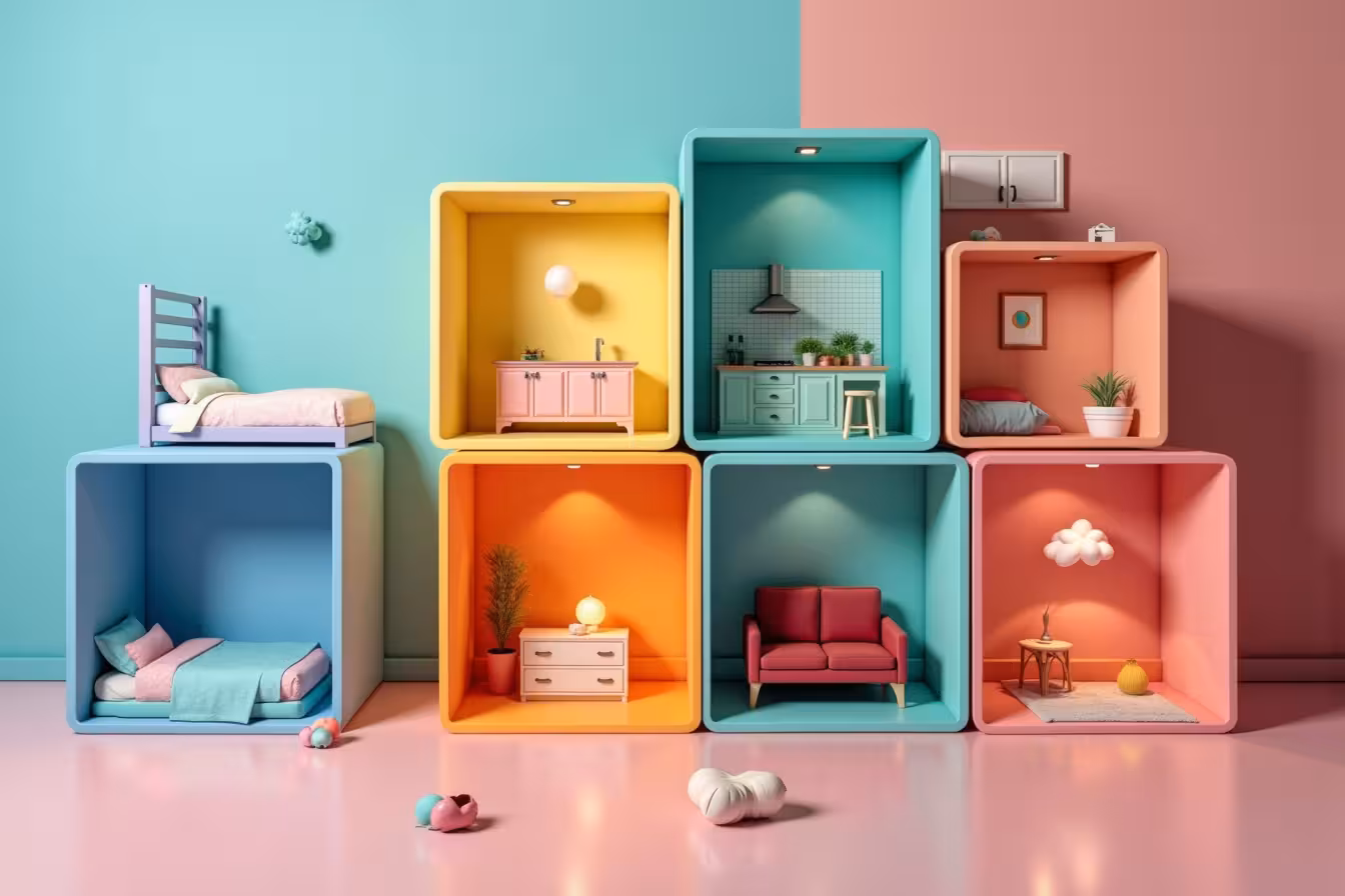 A surreal, vibrant, and layered 3D space representing different rooms in a house. Each room is contained within a floating, translucent cube to give the image a pattern-breaking, eye-catching effect. Starting from the left, the first room symbolizes a cozy bedroom filled with soft moonlight, painted in calming, flat-finish pastel blues. The adjacent cube houses a lively kitchen scene with semi-gloss finish in a warm, earthy color, reflecting the ambient sunlight streaming through a window. Next, A brightly lit bathroom with high-gloss finish in a cool, refreshing green, highlighting the gleaming fixtures and the ceramic tiles. The following cube contains an elegant living room with walls painted in eggshell finish, in a rich burgundy shade, subtly reflecting the soft glow from a vintage chandelier. The last cube holds a playful kid's room in satin finish with bold primary colors, depicting the perfect balance between gloss and matte, illuminated by a whimsical cloud-shaped light fixture. Each cube also features a small paintbrush and a paint can floating in the foreground, with the type of paint finish written on the cans. The image radiates a sense of excitement and curiosity, inviting the viewer to explore the fascinating world of paint finishes