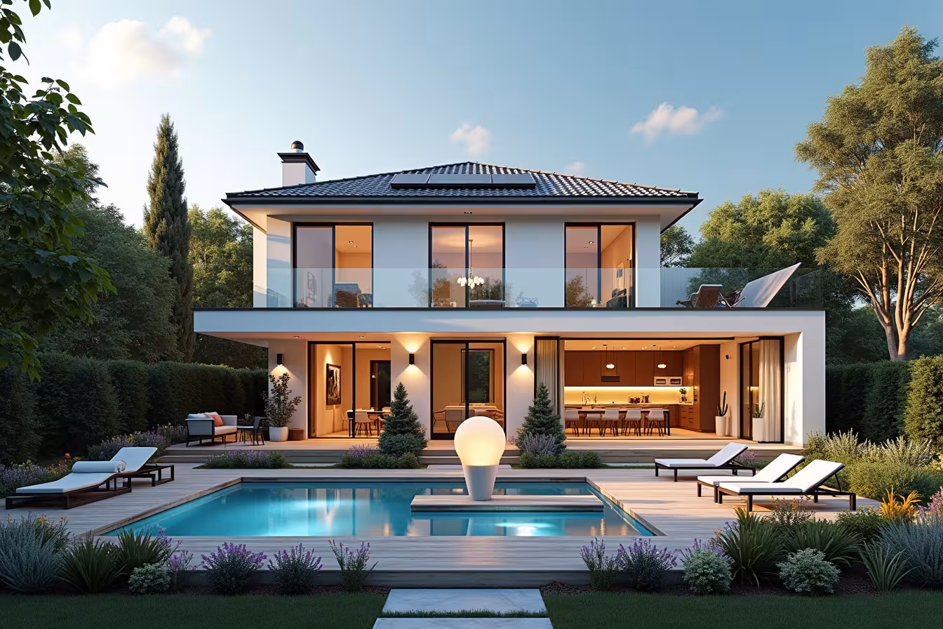 A visually stunning and slightly surreal image of a dream-like, renovated property to captivate the viewer's attention. The scene unfolds from an elevated angle, showcasing the entire property. The house stands in the center, its exterior radiating a warm, inviting glow. Its architectural style is modern yet timeless, with high-quality windows and doors that shimmer under the sun. The front yard reveals a well-maintained garden, brimming with a diverse mix of vibrant flowers, lush greenery, and a cobblestone path leading up to the entrance. To the side, there's an outdoor living space with a wooden deck, a patio set, and a sparkling pool reflecting the blue sky above. A solar panel installation on the roof subtly indicates the home's energy efficiency. The house's interior is visible through a cutaway view, revealing an open floor plan. The modern kitchen gleams with stainless steel appliances, granite countertops, and an island in the center. Adjacent to it, a spacious living room flows into a dining area, all bathed in natural light from large windows. A glimpse into the bathroom shows a walk-in shower, a double vanity with quality fixtures, and tasteful neutral decor. Smart home features like an automated lighting system and a security panel are subtly integrated into the living space. The house also boasts ample storage, with built-in shelves, well-designed closets, and a spacious garage, which are visible in the image. The flooring throughout the house shows high-quality material, adding a touch of luxury to the scene. Incorporate some whimsy and strangeness to the image by featuring floating elements around the house. For instance, a floating LED bulb, a floating granite slab, and a floating smart home device to represent the key renovation features that home buyers look for. The floating elements should be harmoniously integrated into the scene to retain the image's overall aesthetic appeal