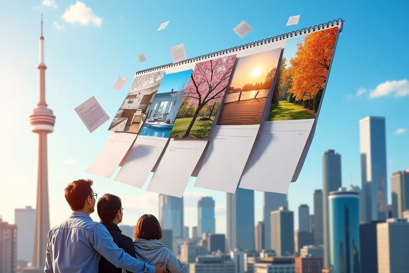 A visually striking, slightly surreal image of a semi-transparent calendar superimposed over a bustling city skyline of Toronto. The calendar's pages are flipping rapidly to represent different seasons - showcasing a snow-laden winter, a vibrant spring with cherry blossoms, a sunny summer, and a colorful autumn. As the calendar pages turn, specific home renovation elements related to each season should emerge. For winter, a blueprint and a permit document should be seen floating upwards, symbolizing the planning stage. For spring, an image of a beautiful, modern indoor kitchen should materialize, indicating the start of indoor renovations. For summer, depict a newly built deck with a BBQ party in full swing, representing outdoor projects. For fall, illustrate a contractor shaking hands with a homeowner, symbolizing the negotiation and availability of contractors. In the foreground, a family should be looking at this spectacle, with expressions of curiosity and excitement, with the Toronto cityscape in the background, including landmarks such as the CN Tower. Use bright, bold colors to make the image pop and engage viewers, while maintaining a slightly unusual, surreal vibe to pique interest and curiosity