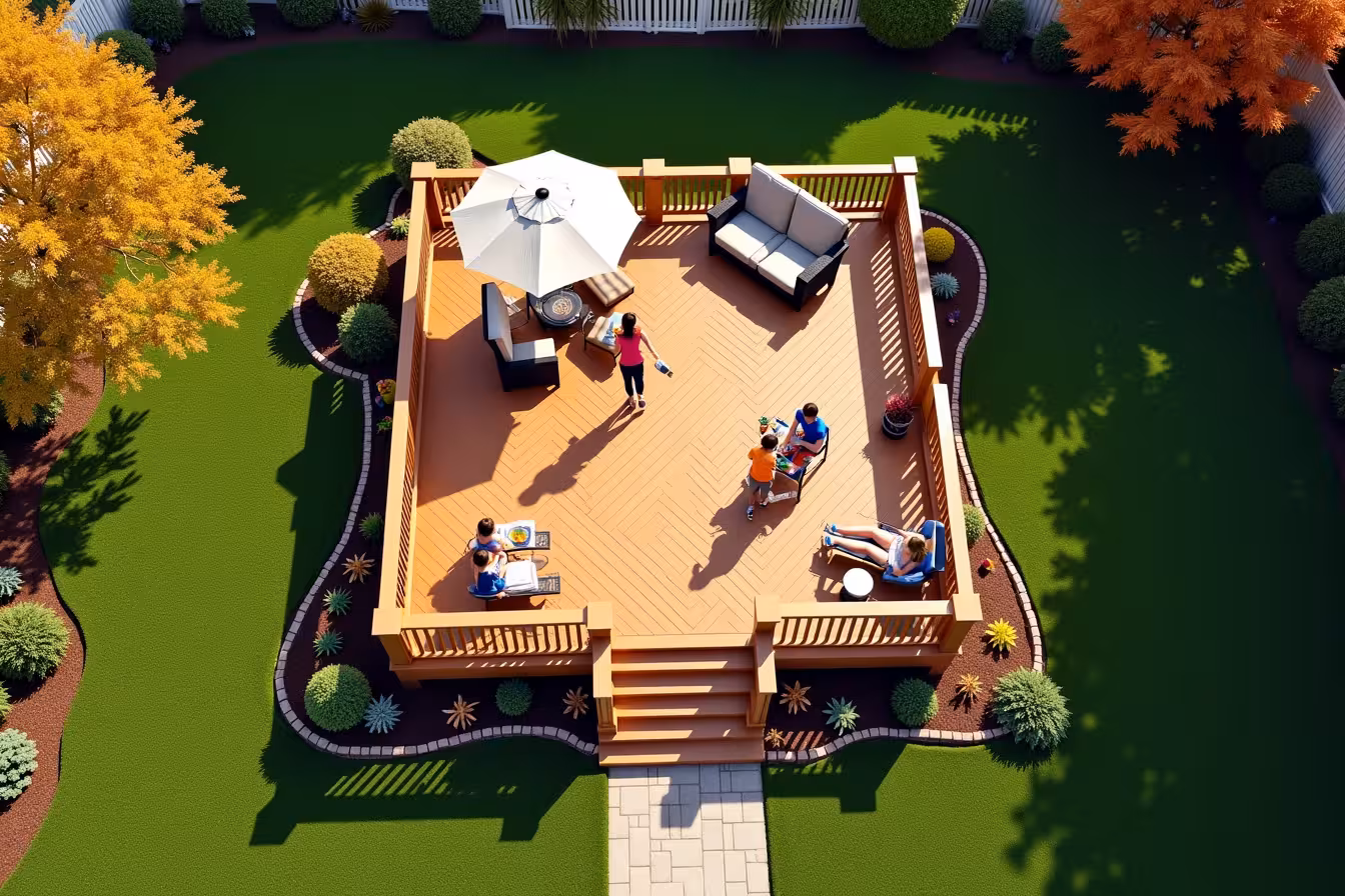 An aerial view of a charming backyard filled with lush green grass, surrounded by a white picket fence and trees with beautiful fall foliage. The centerpiece of this scene is a newly constructed wooden deck. The deck is square, with the size fitting perfectly with the scale of the backyard. It's painted in a warm, inviting color that complements the surrounding greenery. The deck has a neat design with the planks laid in an intricate herringbone pattern, adding to its visual appeal. On the deck, you see a family of four - two adults and two kids - enjoying a sunny afternoon. They are engaged in a range of activities - one of the adults is grilling food on a barbecue, while the children are playing with a ball. The other adult is lounging on a comfortable deck chair, reading a book under the shade of a large patio umbrella. To one side of the deck, there are a few steps leading to the backyard, with handrails for safety. The area around the deck is landscaped beautifully, with a variety of colorful flowers and shrubs strategically planted to enhance the overall appeal of the deck. A subtly lit pathway leads from the house to the deck, adding a touch of elegance to the scene. This image encapsulates the process of deck-building, from planning to execution, and the joy it brings to a family. It's an unusual perspective that is sure to catch the eye and draw people into reading the blog post
