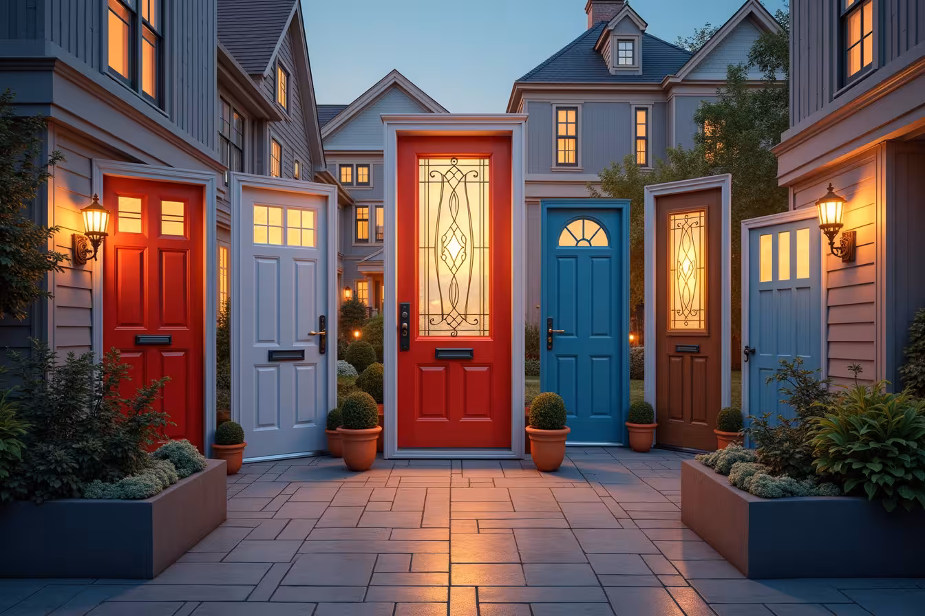 A surreal, whimsical scene capturing the essence of choosing the perfect front door. At the center of the image, a variety of doors, each with a distinct style and material, float in mid-air. A sleek, minimalist door made of steel contrasts with a classic wood door portraying traditional Victorian elements. A fiberglass door with smart security features sits next to a composite door with energy-saving cores. Each door varies in size to illustrate the concept of door proportions. They all have different colors and finishes, from vibrant reds to cool blues and polished wood finishes, all under a soft, iridescent glow to give a hint of enchantment. The door handles and locks are not just ordinary; they are intricate, finely detailed works of art, each corresponding to the style of the respective door. A few doors have elegant glass inserts or panels that glimmer in the soft light, adding a touch of elegance and sophistication. The background is a stunning, tastefully mismatched patchwork of different architectural home styles, from modern to traditional, symbolizing the importance of matching the door style with the architectural style of the home. The whole scene is bathed in a soft twilight glow, accentuating the different features of the doors, creating an eye-catching pattern-break that's both unusual and enticing