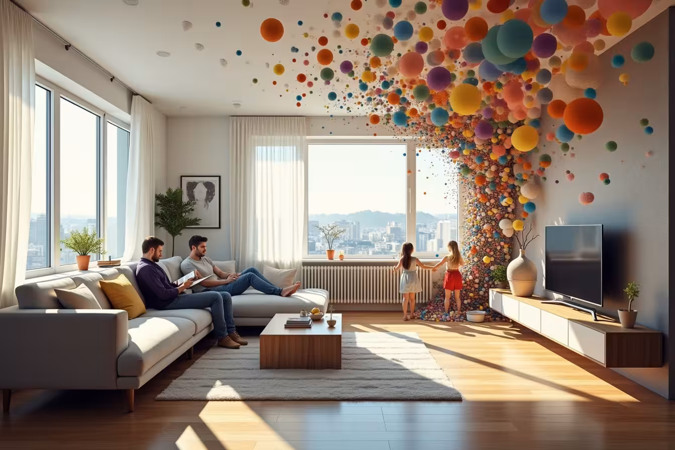 A surreal, eye-catching image that encapsulates the essence of open-concept living. Start with a modern, spacious open-concept living room in the center, filled with minimalistic, Scandinavian-style furniture. Natural light is flooding in through large, ceiling-to-floor windows, casting a warm, inviting glow over the room. A family is cheerfully interacting in this space, with one member reading a book on the couch, another cooking in the connected kitchen, and a child playing on a rug in the same area. Suddenly, the room starts to twist and morph at its edges, transitioning into a more chaotic, disordered space. The sounds become visual‚Äö√Ñ√Æwaves of sound emanating from the TV, the clatter from the kitchen, the child‚Äö√Ñ√¥s laughter‚Äö√Ñ√Æall converging into a cacophony represented by colorful, abstract sound waves overpowering the scene. From the morphed edge, a wall is trying to intrude into the open space, symbolizing the desire for privacy and partition. This wall is covered in a myriad of different wallpapers, representing the challenge of decorating a space that needs to remain cohesive. Finally, scatter some visible clutter‚Äö√Ñ√Ælike toys, dishes, and books‚Äö√Ñ√Æaround the chaotic side of the image. This conveys the issue of mess and clutter in open spaces. This image will serve as a metaphor for the pros and cons of open-concept living, with the serene, bright, sociable side representing the advantages, and the chaotic, noisy, cluttered side symbolizing the disadvantages