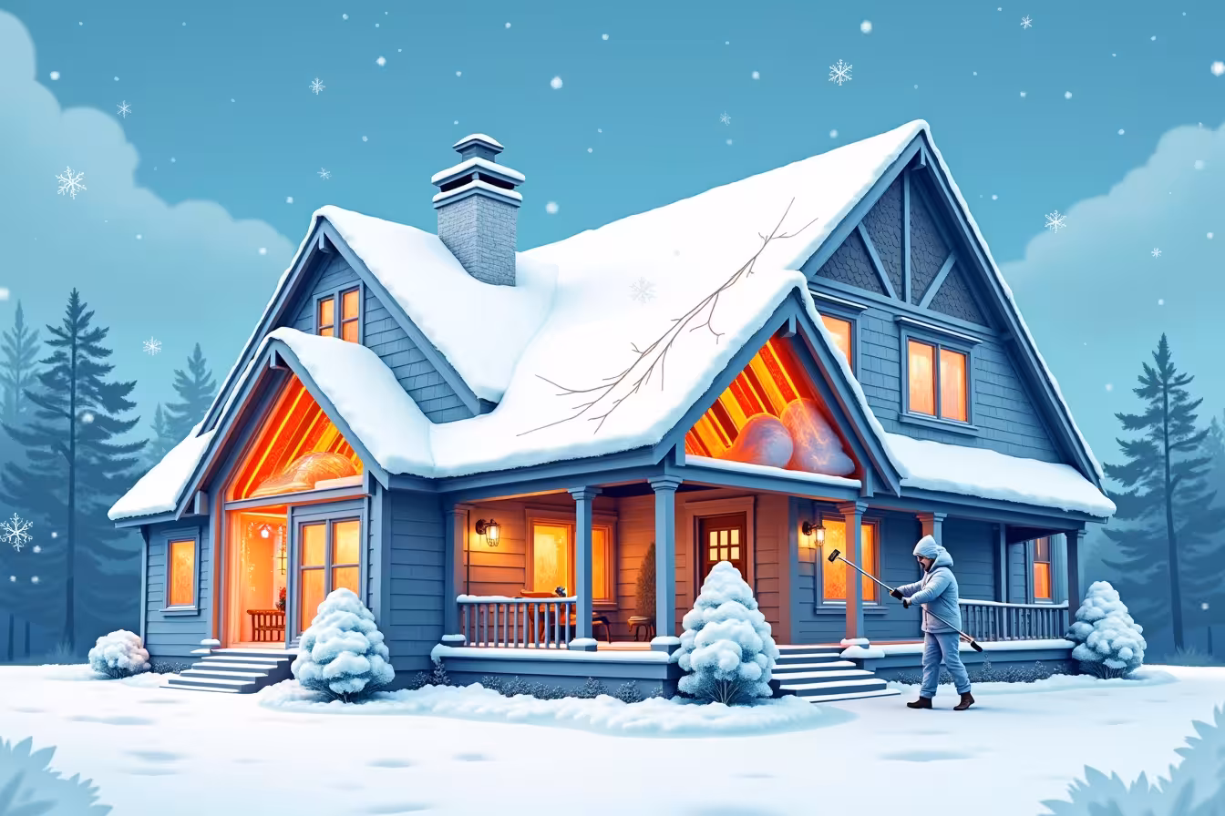 A striking, vibrant winter scene of a suburban house with a focus on the roof. The house is surrounded by serene snowfall with a clear, blue sky overhead. Divided into 8 sections, each illustrating different preventative measures against ice dams. 1. One section showing a cross-section of the house's roof, showing heat escaping from the warm attic, melting the underside layer of snow, trickling down and forming an ice dam on the eaves. 2. Another section showing the same cross-section, but now with added insulation in the attic, preventing the warm air from escaping. 3. A section showing the roof with small, visible ventilation mechanisms like ridge vents or soffit vents. 4. A portion of the roof being replaced with a shiny metal roof, the snow sliding off it. 5. A section with glowing heating cables arranged in zigzag pattern on the roof and gutters, melting the snow. 6. A human figure on a ladder, using a long-handled roof rake to safely remove the snow from another section of the roof. 7. A nylon stocking filled with ice-melt product placed on the roof's icy surface, melting it away. 8. A section showing a clean, well-maintained gutter with no blockages, and a downspout through which water is freely flowing off the roof. Each section should be clearly delineated, but also integrated into the whole roof so it still looks like a single house. The house should be visually appealing yet practical, a beacon of warmth against the cold winter backdrop, drawing the viewer in to understand more about the preventative measures against ice dams