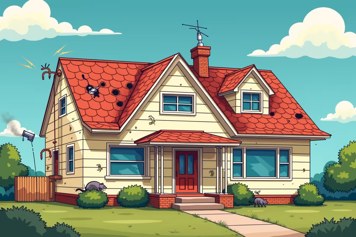 An image that captures the essence of a chaotic yet intriguing home inspection scenario. The main focus should be a mid-century style house, with various elements showcasing the different inspection issues mentioned in the blog post. 1. Plumbing Issues: Illustrate this by showing a faucet on the outside of the house dripping water, a visible pipe under the house could also be leaking. 2. Electrical System Faults: Display an old-fashioned electrical box on the side of the house with sparks flying out to indicate faulty wiring. 3. Roof Damage: The roof should have a few missing shingles and a visible leak, maybe even a small bird's nest in a hole. 4. Foundation Issues: Show visible cracks running up the house's exterior wall and one corner of the house slightly sinking. 5. HVAC System Problems: Showcase an old rusted outdoor AC unit with visible cracks and steam coming out. 6. Poor Insulation: Depict frost forming on the windows, indicating poor insulation inside the house. 7. Mold and Mildew: Show small patches of greenish mold growing on the side of the house. 8. Pest Infestation: Illustrate this with a small termite mound near the foundation and a few rodents peeking from the corners. 9. Water Damage: Depict a wet patch on the wall or water pooling at the base of the house. 10. Outdated Appliances: Show an old-fashioned fridge or a cooker in the kitchen window, visibly outdated. Make sure the house's overall structure remains visible and the focus. Make it colorful and detailed, but maintain a slightly cartoonish and exaggerated style to keep it from being too scary or off-putting. The sky should be bright and clear to contrast the problematic house, adding a touch of irony and intrigue
