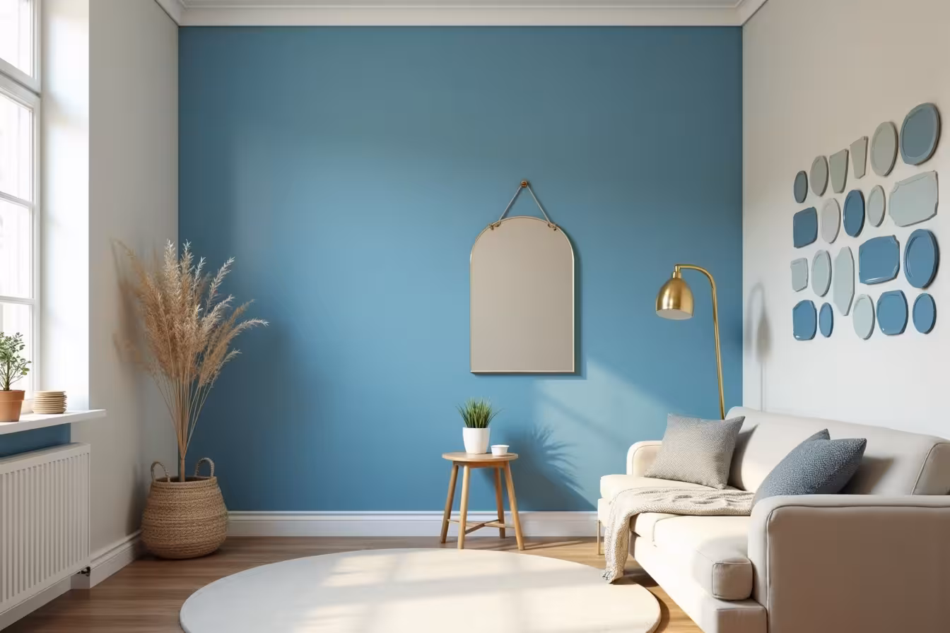 A small yet beautifully decorated room. The room appears larger than it is due to the effective use of light colors and neutral shades on the walls. The walls are painted with soft pastels, creams, and pale grays, reflecting sunlight to brighten the area. A single wall stands out, painted in a bold sapphire blue as an accent point and creating a striking contrast. The ceiling is a shade lighter than the walls, drawing the eye upwards and creating an illusion of height. Different shades of blue are used throughout the room, creating a monochromatic scheme that allows the eye to move around the room without interruption. A large mirror hangs on one wall, reflecting the room and adding to the illusion of space. On the floor lies a light-colored rug in a neutral shade, complementing the walls. In the corner, a small table with metallic paint reflects the light in the room, creating a shiny surface that enhances the feeling of spaciousness. Finally, peel-and-stick paint samples are stuck on one wall, showcasing an array of colors being considered for future decoration. The room feels calm, inviting, and surprisingly spacious, demonstrating the power of color and design in transforming small spaces