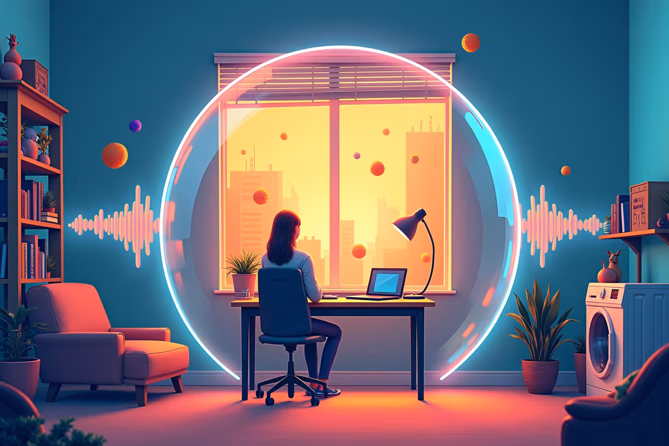 A colorful, whimsical scene set in a busy, modern household. In the center of the image, a large transparent, sound wave-shaped bubble surrounds a serene, home-office setup. The office setup includes a tidy desk, a laptop, a comfortable chair, a lamp, and a few books. The bubble is a visual representation of a quiet zone, glowing softly to emphasize its protective, noise-cancelling nature. On the outside of the bubble, depict the hustle and bustle of a busy household. Show family members engaged in various activities that typically create noise. There could be a sibling playing with noisy toys, a parent cooking in a bustling kitchen, a dog barking at a squirrel outside the window, and a washing machine rumbling in the background. However, make sure that the noise-producing activities are represented in a fun, exaggerated manner to add an element of excitement and strangeness. For instance, the toys could be floating mid-air as if in action, the kitchen utensils could be animated and dancing around, the dog could be cartoonishly large with sound waves coming out of its mouth, and the washing machine could have exaggerated, noisy comic-style sound effects like Rumble! floating around it. To further enhance the pattern-break concept, use a vibrant, contrasting color palette. The noise outside the bubble should contrast with the calm, monochromatic colors inside the bubble. The outside could be filled with bright, vibrant colors to represent the noise and chaos, while inside the bubble, use soft, cool colors to depict tranquility. The overall image should convey the message of finding peace and quiet amidst the chaos, presented in an exciting, strange, and enticing way