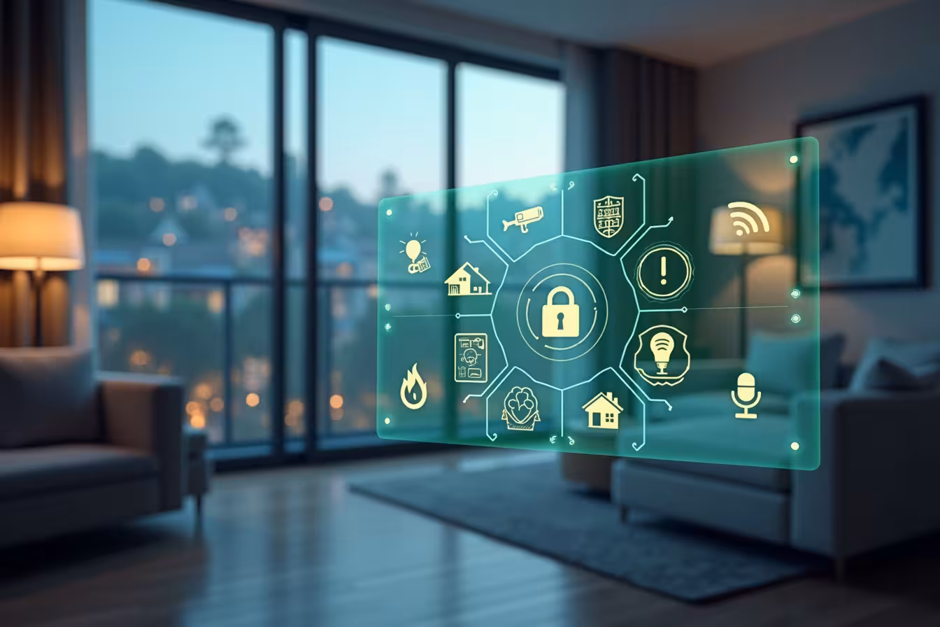 A modern, sleek home interior as a backdrop. In the foreground, a holographic control panel floats, featuring various icons representing the different aspects of home security mentioned in the blog post: a light bulb (smart home integration), a wrench (DIY security systems), a CCTV camera (enhanced video surveillance), a smartphone (mobile app control), a brain (AI and Machine Learning), a lock (privacy), a flame, water wave and CO2 symbol (environmental disaster protection), a microphone (voice control integration), a wireless signal icon (wireless technology), and a clock (subscription-based services). Through the window, show a serene neighborhood scene, suggesting a safe and secure environment. Make sure to include a few subtle futuristic touches, like a drone flying by, to indicate the trend of evolving technology. The color palette should be a mix of cool blues and greys with pops of vibrant colors like green and orange, to highlight the different security features. The overall style should be a mixture of realism and futurism to captivate the viewer's attention. The image should not only encapsulate the future of home security but also evoke a sense of safety, convenience, and advanced technology