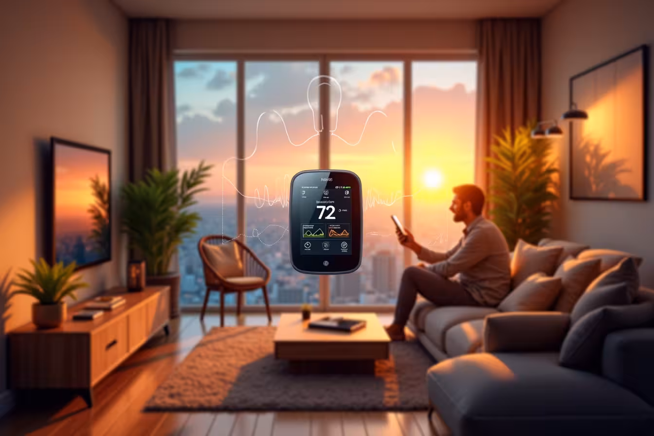 A vibrant, modern living room setting with a large, clear window in the background showcasing a beautiful sunset. The room's interior should have a warm, inviting feel, with earthy tones of browns and creams, and pops of vibrant green from indoor plants. At the center of the room, a sleek, smart thermostat mounted on a wall is the primary focus of the image. The smart thermostat should have a futuristic design with a vibrant, digital touch screen displaying temperature settings and energy usage graphs. The thermostat should be visually connected by thin, light beams to various objects around the room, symbolizing its integration with other smart home devices - a smartphone on a coffee table, a smart speaker by the television, and smart light bulbs in overhead fixtures. Add a voice wave pattern coming out from a smart speaker to indicate voice control. In the corner of the room, a homeowner should be seen comfortably lounging, interacting with the thermostat through a smartphone app, symbolizing remote control. Ensure the image carries a sense of comfort, ease, and advanced technology
