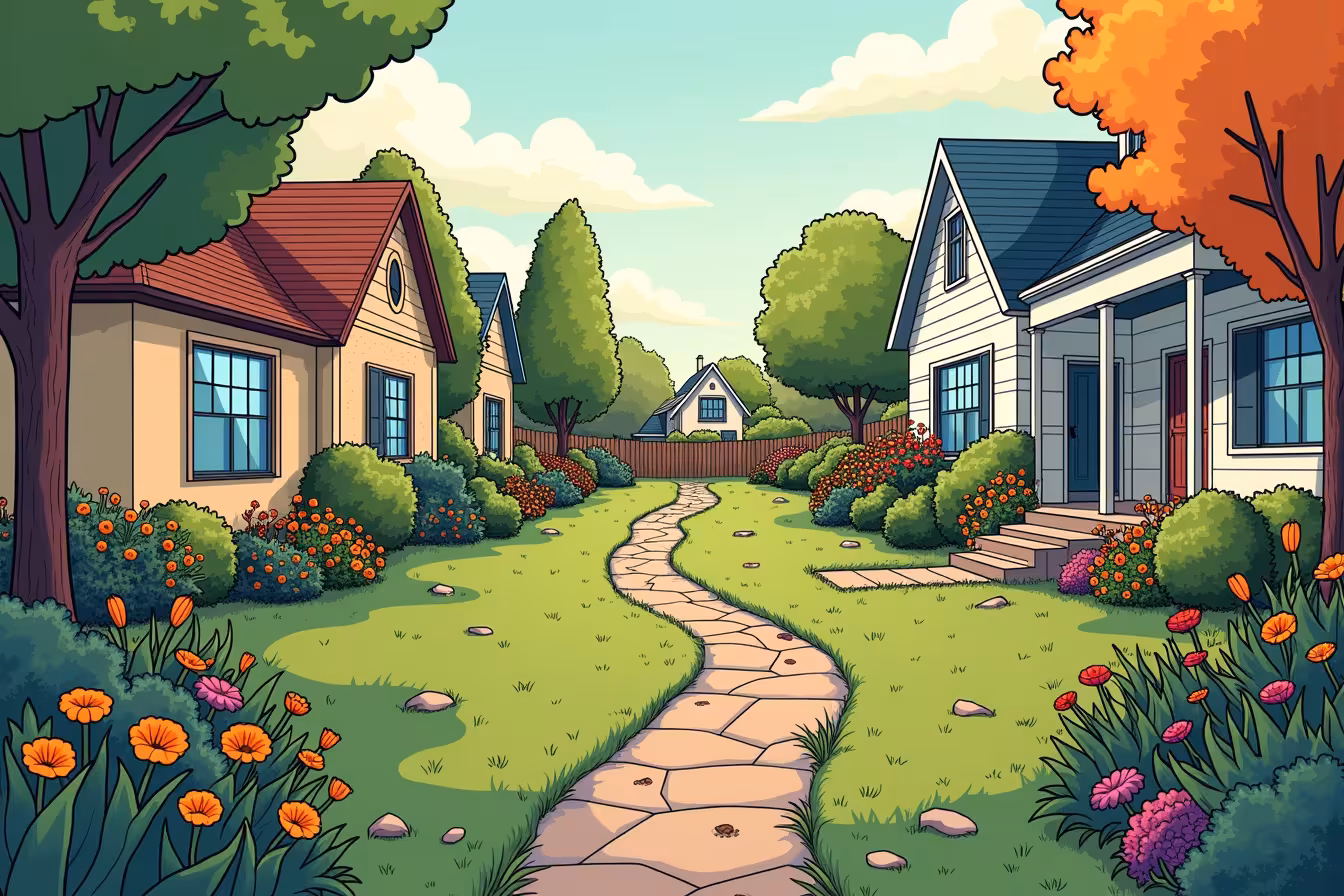 A whimsical and eye-catching image that encapsulates common landscaping blunders. The foreground should depict a chaotic front yard, with a neglected pathway, overgrown grass, and flower beds full of wilting flowers, emphasizing the mistake of neglecting front yards. On one side, show a section of the garden overcrowded with plants of different kinds, competing for space and resources, highlighting the error of overcrowding plants. On the other side, illustrate a garden filled with out-of-season plants, with autumn leaves on a summer day or blooming flowers in snowy weather, demonstrating the mistake of overlooking seasonality. Pepper in some wilted or dead plants throughout the garden, underlining the consequence of ignoring maintenance needs. In the background, sketch a homeowner with a look of frustration and a pile of unplanned garden tools and plants scattered around, symbolizing the lack of planning. The overall color scheme should be vibrant to attract readers' attention, yet the elements within should be slightly exaggerated to underscore the landscaping mistakes and evoke curiosity in the viewer, prompting them to read the blog post