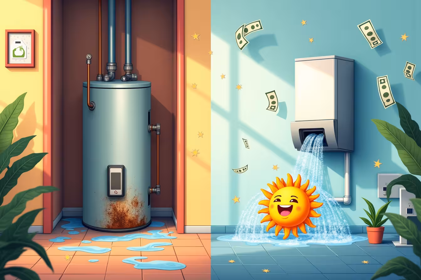 A vibrant, energetic image on a split canvas. On the left side, a bulky, old-fashioned water heater is tucked into a cramped closet, taking up a lot of space. The heater is rusted and leaking, with drops of water pooling on the floor, indicating the risk of water damage. The heater is surrounded by high utility bills fluttering around, symbolizing costly energy consumption. On the right side, depict a sleek, modern tankless water heater mounted on a spacious, clean, and well-organized wall. Illustrate radiant green leaves and a recycle symbol to symbolize energy efficiency and eco-friendliness. Show a continuous flow of clean, sparkling water coming from the heater, representing the continuous hot water supply and better water quality. Around the heater, depict low utility bills and a smartphone with an app screen displaying control options, symbolizing lower monthly costs and advanced technology features. For a quirky twist, add a small, animated sun character happily taking a shower under the hot water flow from the tankless heater. This strange yet enticing image serves as a pattern-break, drawing the attention of viewers and sparking curiosity about the blog post
