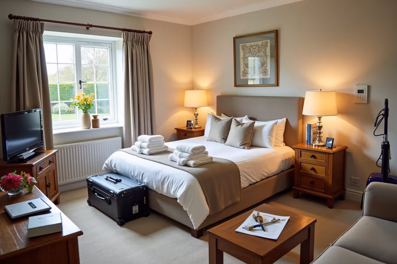 A beautifully designed and well-lit guest room set in a tranquil environment. At the center, there is a plush bed with high-quality bedding - a medium-firm mattress covered with a cozy duvet and multiple types of pillows. On the sides of the bed, there are vintage wooden bedside tables, each featuring an adjustable brightness lamp and a collection of assorted books. A small dresser is placed by the wall, next to a compact closet featuring a few hangers and storage bins, a suitcase is neatly placed at the foot of the dresser. On the dresser, there's an arrangement of essential amenities such as neatly rolled towels, mini toiletries, and a handheld mirror. Against one wall, there's a modern TV on a sleek stand. Above it, a small wooden shelf holds a WiFi router. The room is impeccably clean and uncluttered, with a vacuum cleaner visible in one corner, signaling the room's cleanliness. A window with heavy curtains overlooks a serene garden, ensuring privacy. On the window sill, there's a welcome note next to a city guidebook. Fresh flowers in a vase and a bowl of snacks are placed on a coffee table, adding a personal touch to the room. Finally, a digital thermostat is mounted on the wall, with a space heater and a fan visible in the corner of the room, indicating temperature control options. This scene encapsulates the perfect, welcoming guest room