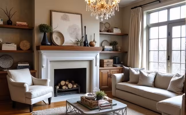 A rustic living room in Toronto, featuring a reclaimed wooden shelf adorned with vintage trinkets, a comfortable repurposed armchair with new upholstery, and the room's focal point, a statement chandelier, hanging from the ceiling. The walls are decorated with tasteful wallpaper in a neutral palette, giving the room an upscale feel