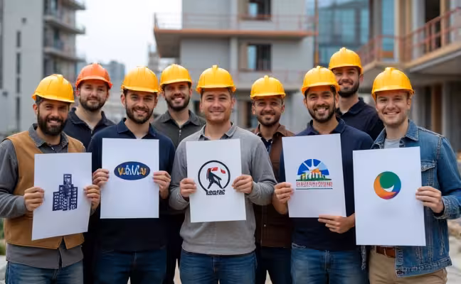 A diverse group of construction contractors in Toronto, each holding a different certification symbol like CCM, CHSO, and GSC, with a backdrop of a construction site showing ongoing work