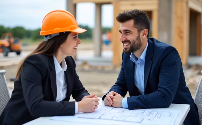 Two professionals, one dressed as a contractor in a hard hat and the other as a client in business attire, sitting at a construction site with a blueprint spread out before them. They are engaged in a lively discussion, symbolizing open communication channels, mutual respect, and shared vision