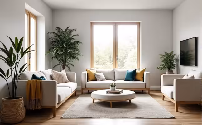 A serene living room showcasing Scandinavian design principles, featuring a minimalist layout with clean lines, a neutral color palette, and a large window flooding the room with natural light. The furniture, made from natural materials such as wood, is both functional and aesthetically pleasing, and the room is accented by subtly colored cushions and a cozy throw on a sleek, modern couch. A lush green plant in a wicker basket completes the scene