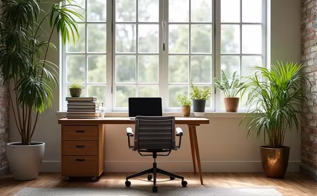 A contemporary home office with a sleek, minimalist desk and ergonomic chair, a laptop and a stack of books on the table indicating remote work and homeschooling set against a backdrop of large windows, letting in natural light. The room should also include elements such as an indoor plant and recycled furniture, subtly reflecting the trend towards sustainability