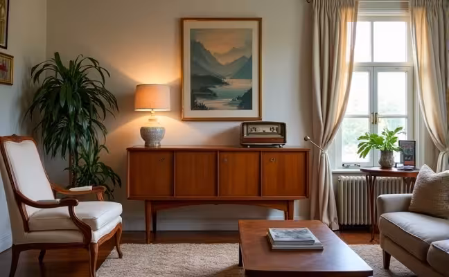 A tastefully decorated modern living room featuring a Victorian armchair with ornate woodwork, a mid-century modern sideboard with sleek lines, and a retro radio sitting atop an art-deco table, all under the soft, warm glow of a vintage lighting fixture