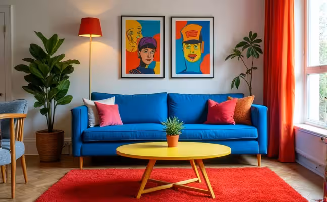 A vibrant living room setting featuring bold colors such as a royal blue sofa, a bright yellow coffee table, and a deep red rug. The room is tastefully decorated with unique art pieces and plants, reflecting the individuality of the homeowner and evoking a sense of rebellion against minimalist trends