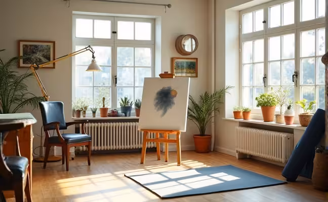 A brightly lit hobby room with large windows allowing natural light to flow in, showcasing an artist’s easel with a half-finished painting, a clean yoga mat rolled to the side, and an adjustable overhead task lamp in the corner