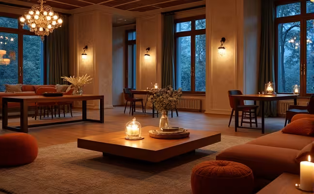 An open-concept living room with various seating options such as a comfortable couch, a couple of upholstered stools, and a few colorful floor cushions scattered around a low, wooden coffee table. The space is well-lit with a mix of overhead pendant lights, a stylish floor lamp in one corner, and a few lit candles placed strategically across the room