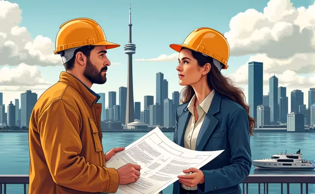 A detailed illustration of a contractor and homeowner discussing blueprints, with the Toronto skyline in the background. Both parties are engaged in a serious conversation, symbolizing clear communication and understanding of the project scope